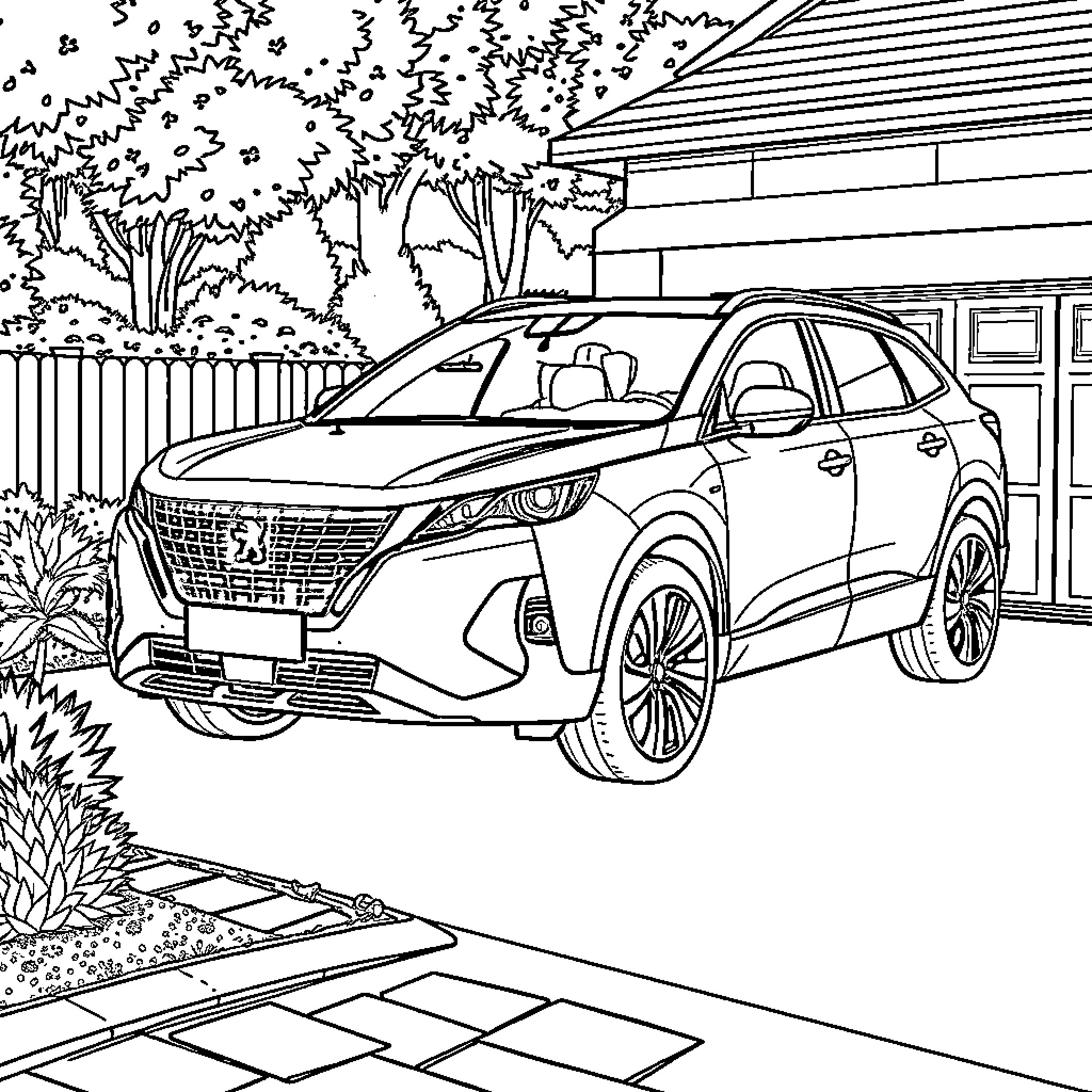 5008 SUV parked in a driveway with a house and trees Coloring Page (free black-and-white line drawing printable PDF for all, from beginners to advanced learners, including children, teens, adults, and seniors)