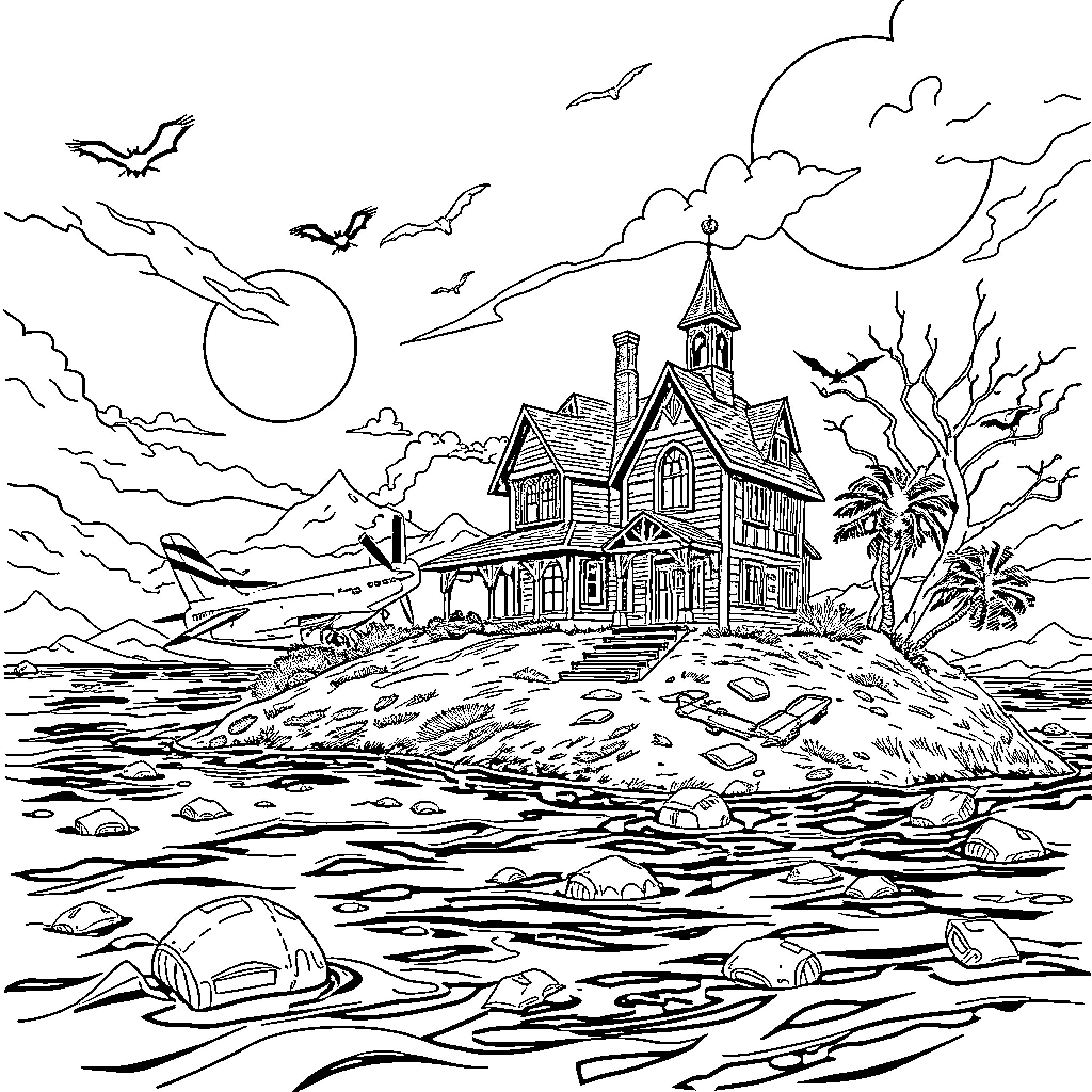 Haunted House on a Spooky Island Coloring Page (free black-and-white line drawing printable PDF for all, from beginners to advanced learners, including children, teens, adults, and seniors)