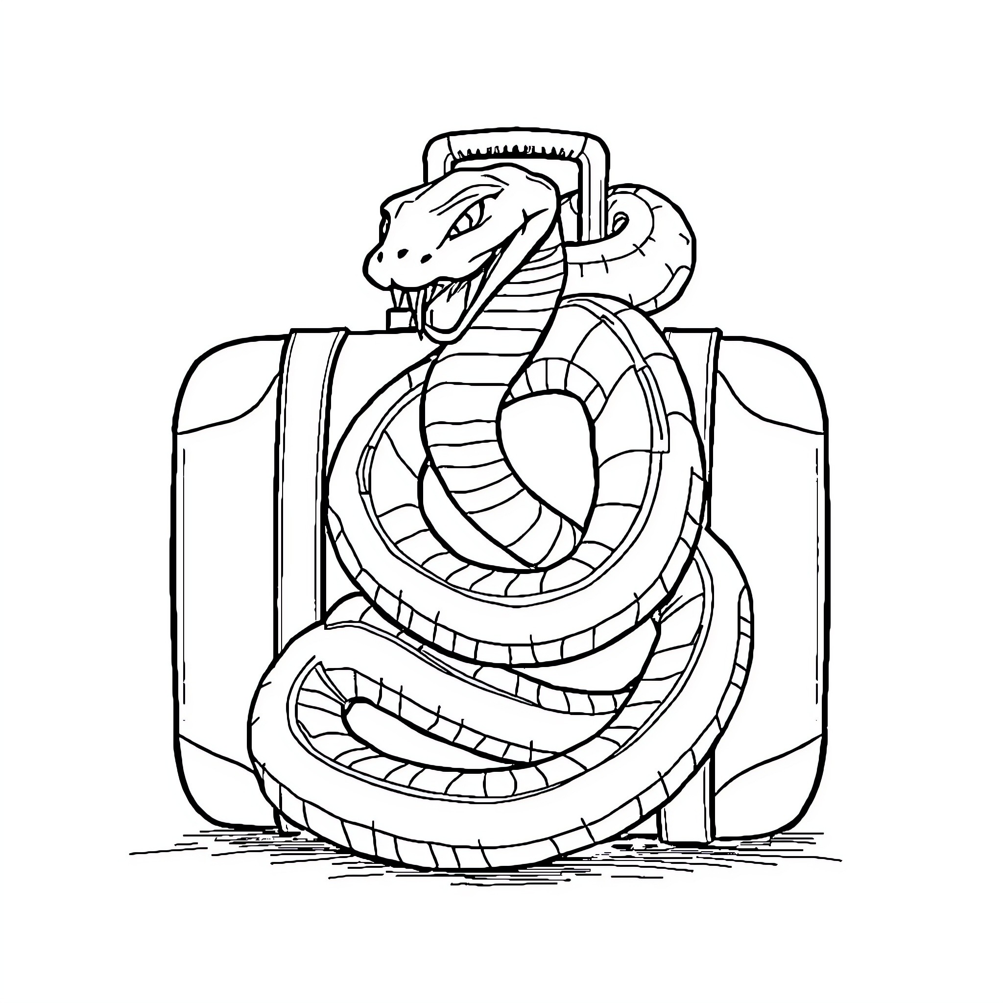 Snake coiled around a suitcase Coloring Page (free black-and-white line drawing printable PDF for all, from beginners to advanced learners, including children, teens, adults, and seniors)