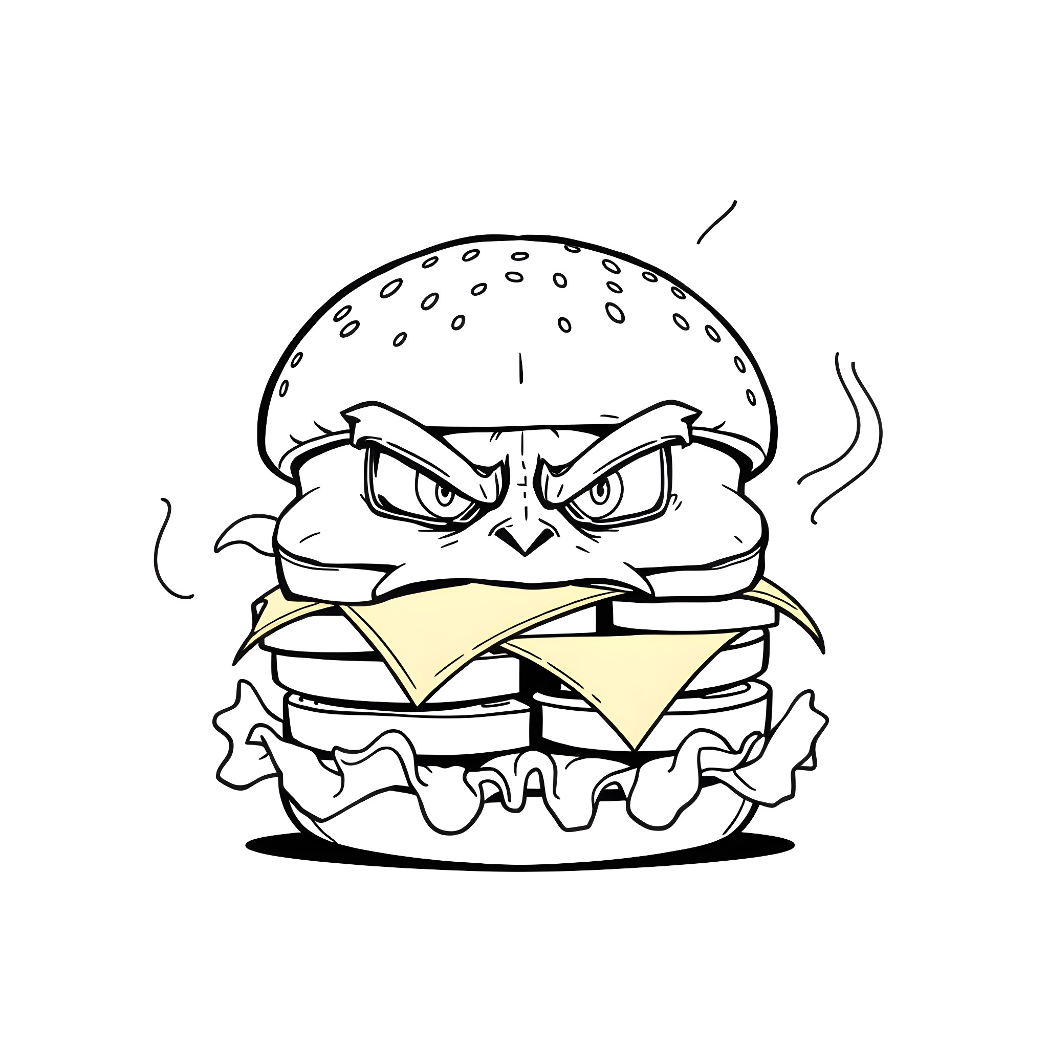 Hamburger with an angry expression Coloring Page (free black-and-white line drawing printable PDF for all, from beginners to advanced learners, including children, teens, adults, and seniors)