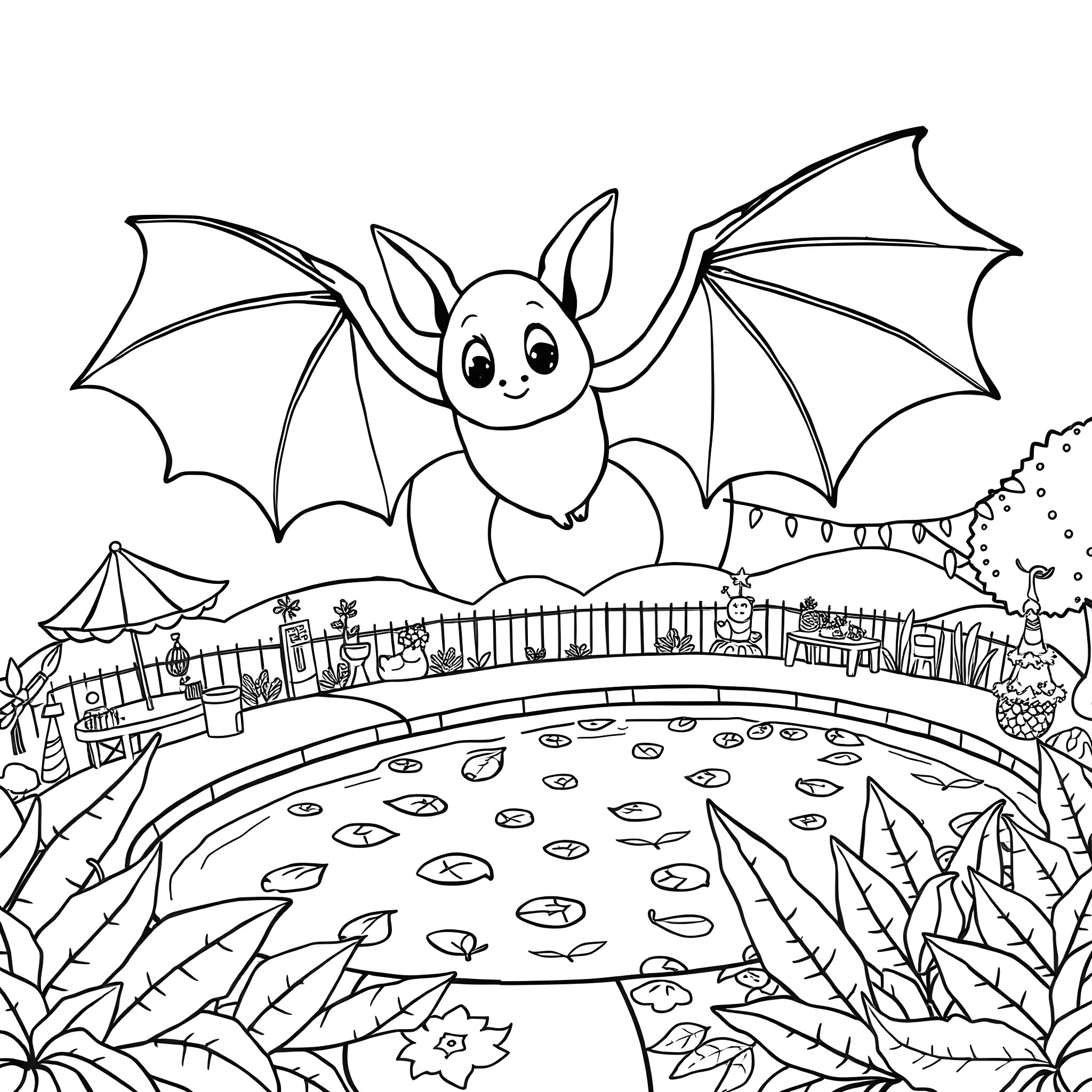 Bat flying over a whimsical scene Coloring Page (free black-and-white line drawing printable PDF for all, from beginners to advanced learners, including children, teens, adults, and seniors)