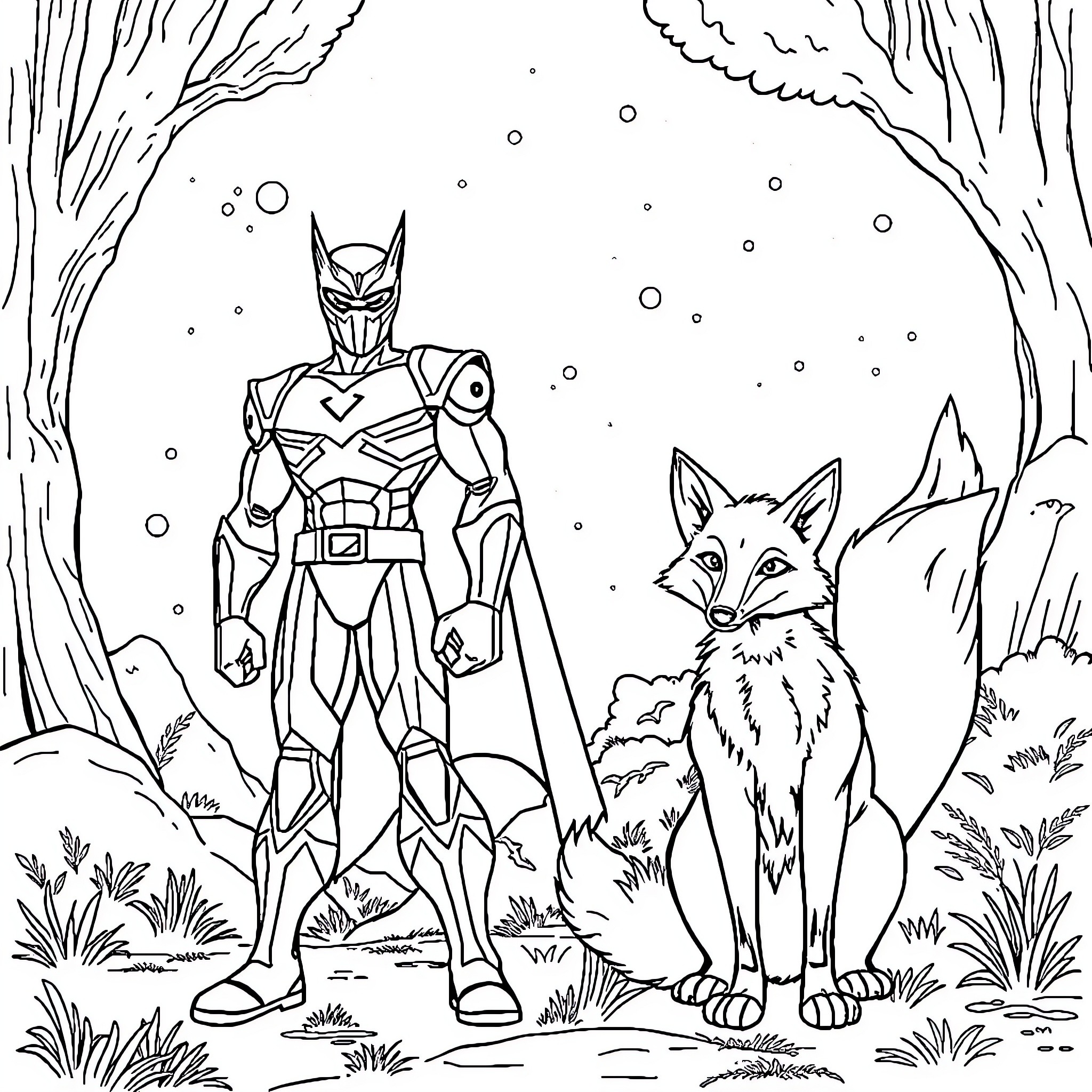 Ultra Seven in the Snowy Forest with a Fox Coloring Page (free black-and-white line drawing printable PDF for all, from beginners to advanced learners, including children, teens, adults, and seniors)