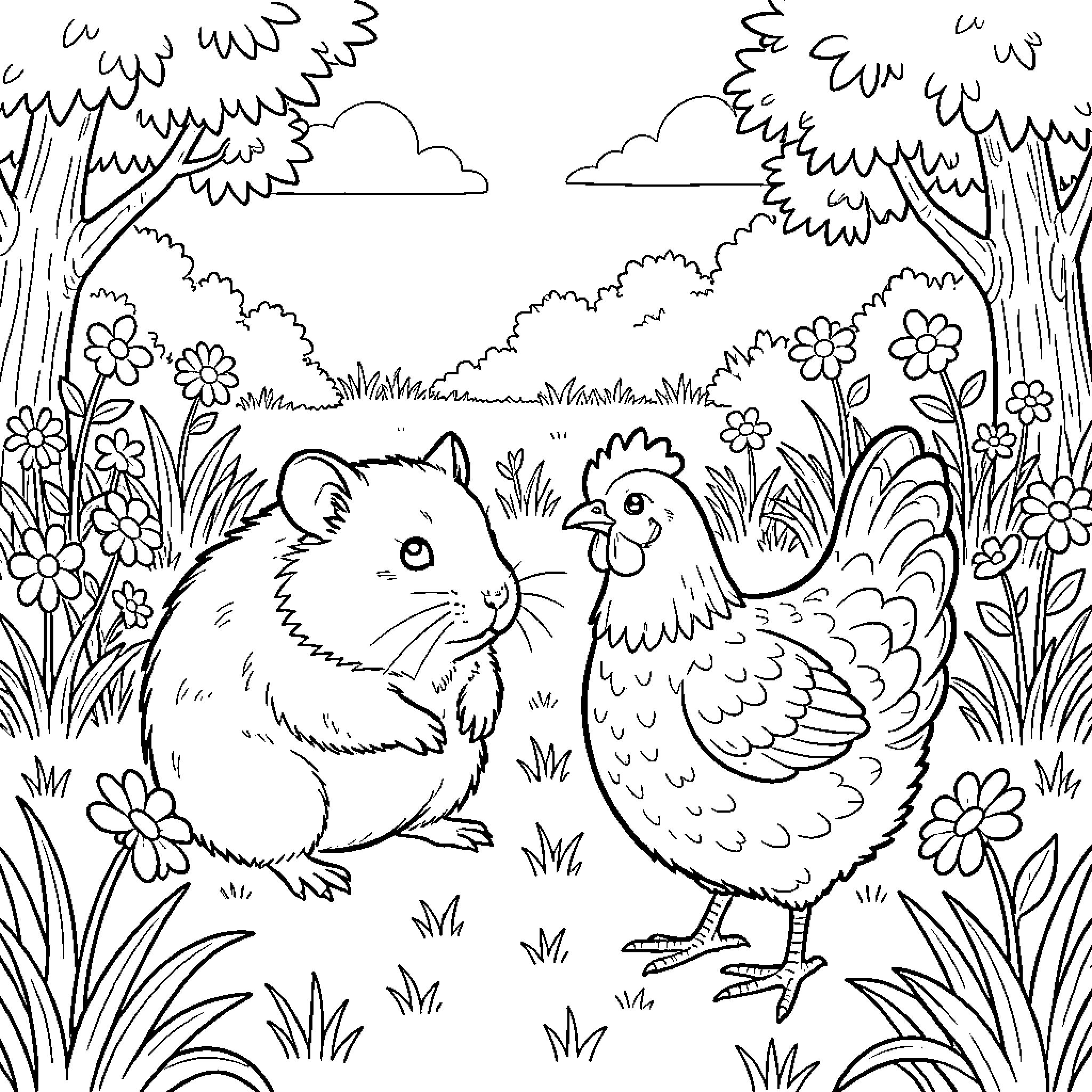 Hamster looking curiously at a friendly chicken Coloring Page (free black-and-white line drawing printable PDF for all, from beginners to advanced learners, including children, teens, adults, and seniors)