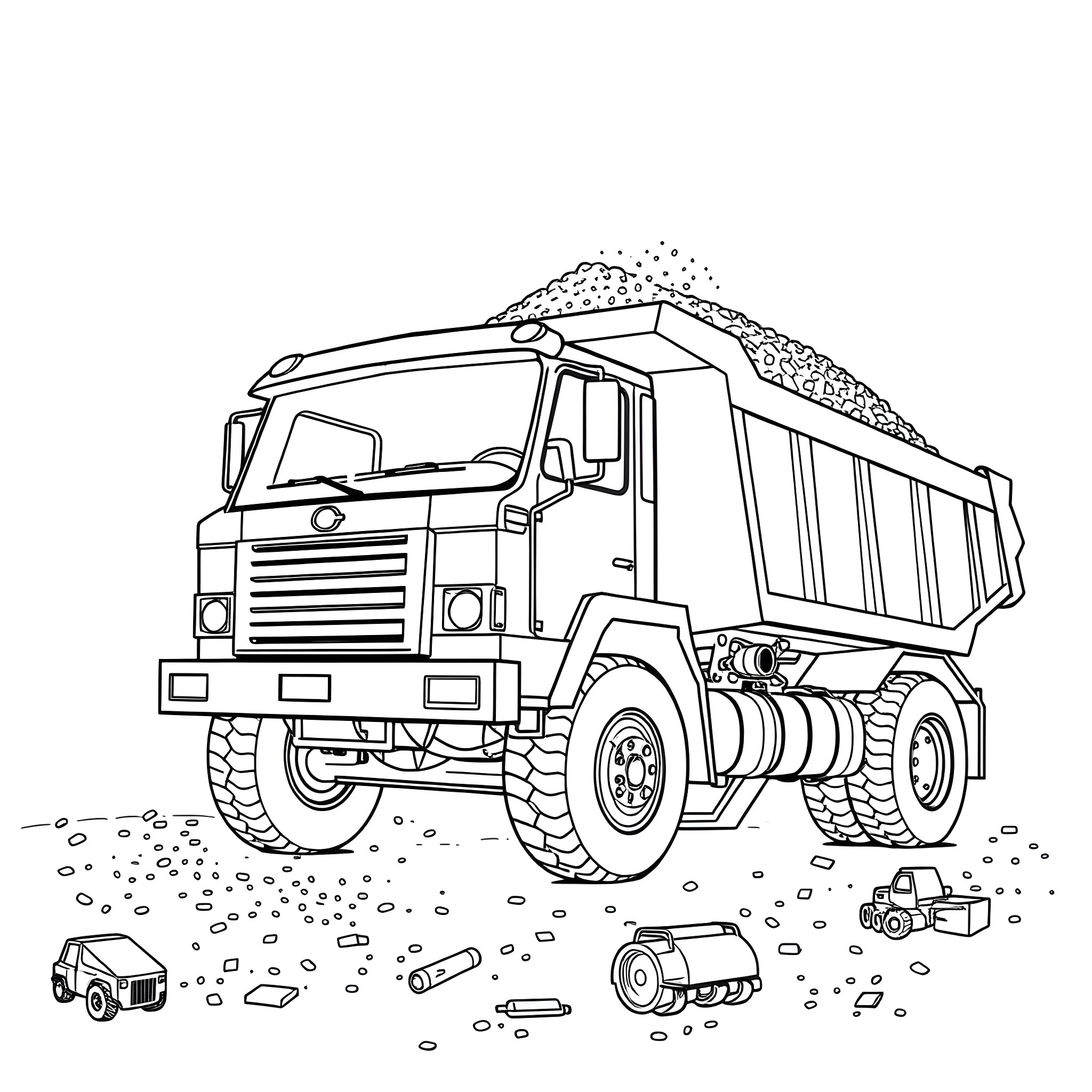 Dump Truck Carrying Heavy Load on Rugged Terrain Coloring Page (free black-and-white line drawing printable PDF for all, from beginners to advanced learners, including children, teens, adults, and seniors)