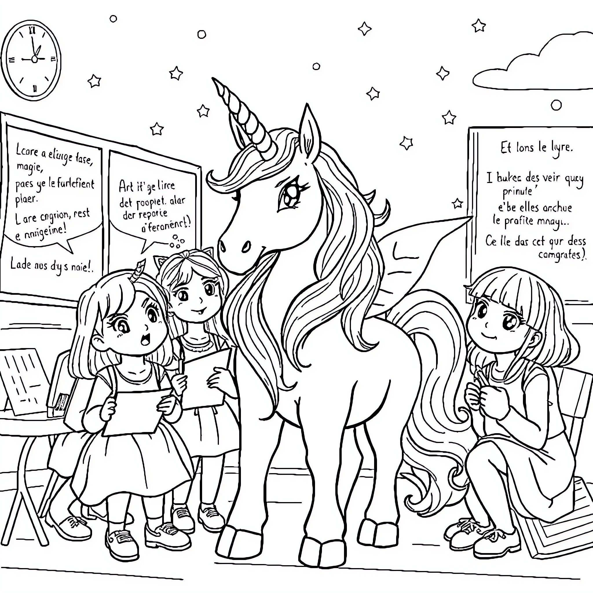 Licorne: Unicorn, two girls, and magical school setting Coloring Page (free black-and-white line drawing printable PDF for all, from beginners to advanced learners, including children, teens, adults, and seniors)