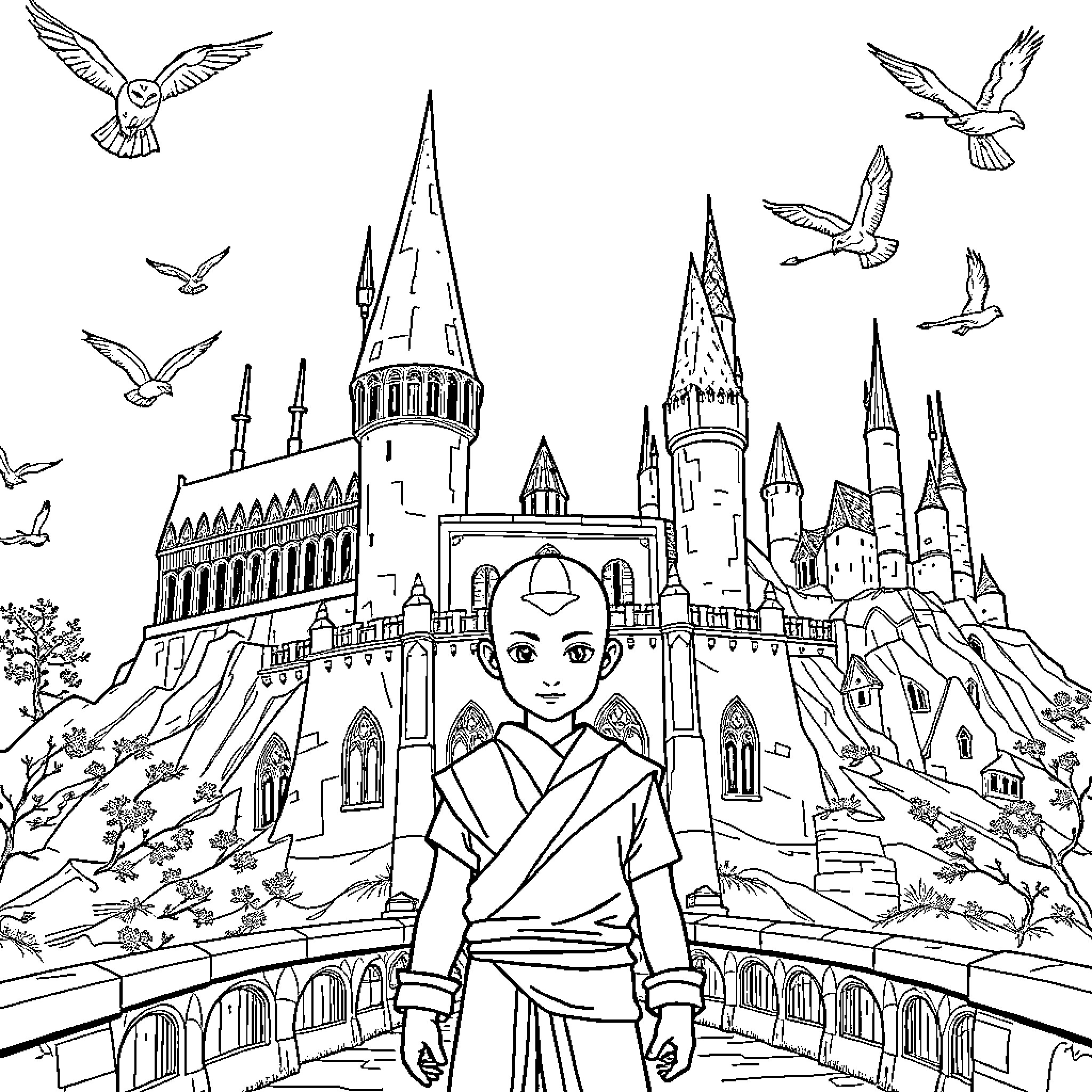 Avatar in Magical Castle with Winged Creatures Coloring Page (free black-and-white line drawing printable PDF for all, from beginners to advanced learners, including children, teens, adults, and seniors)