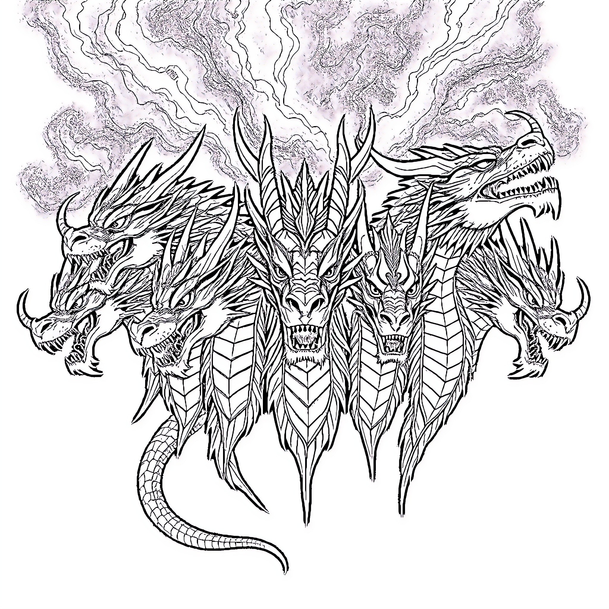 Dragon Spirits in Fierce Clash Coloring Page (free black-and-white line drawing printable PDF for all, from beginners to advanced learners, including children, teens, adults, and seniors)