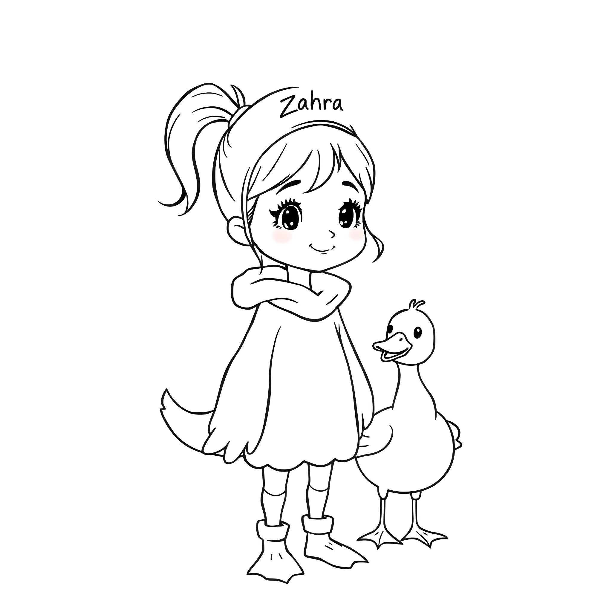 Girl with duck smiling happily Coloring Page (free black-and-white line drawing printable PDF for all, from beginners to advanced learners, including children, teens, adults, and seniors)