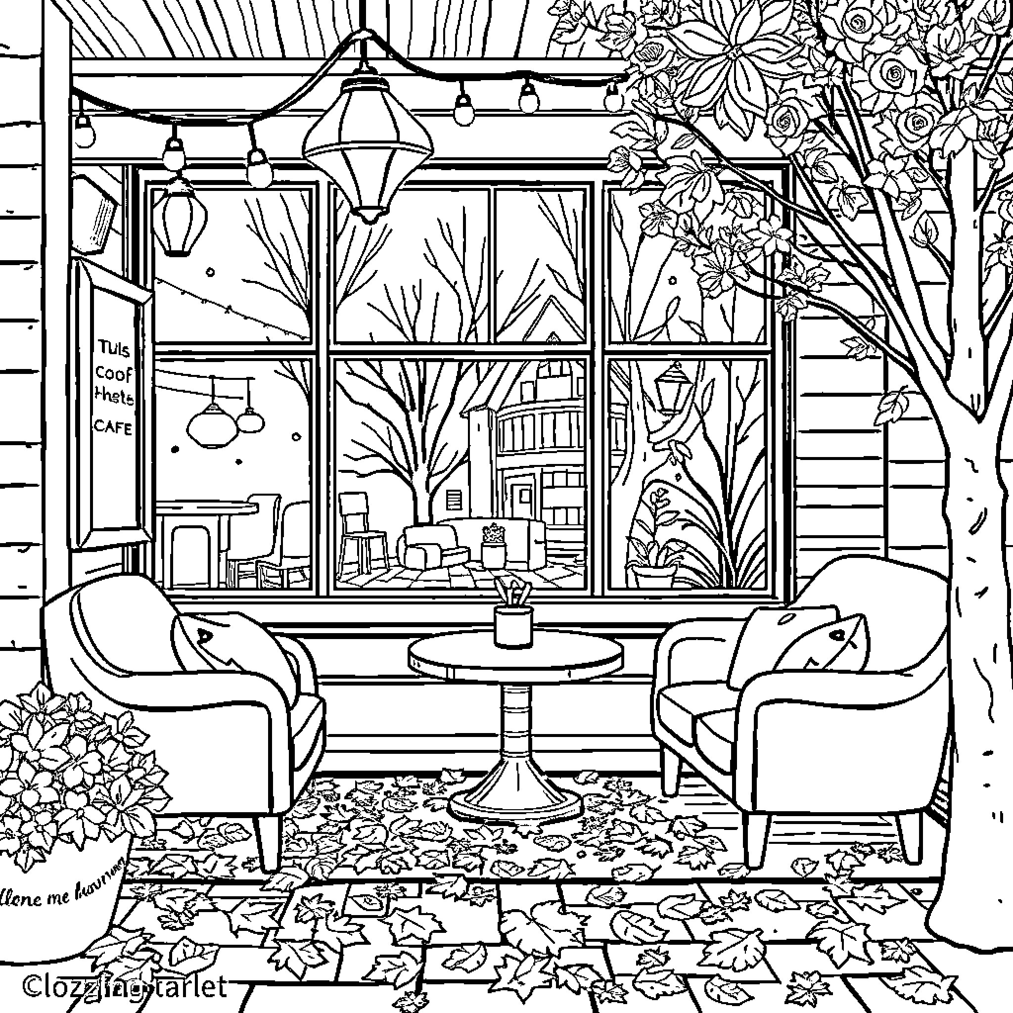 Cafe with cozy furniture and serene outdoor view Coloring Page (free black-and-white line drawing printable PDF for all, from beginners to advanced learners, including children, teens, adults, and seniors)