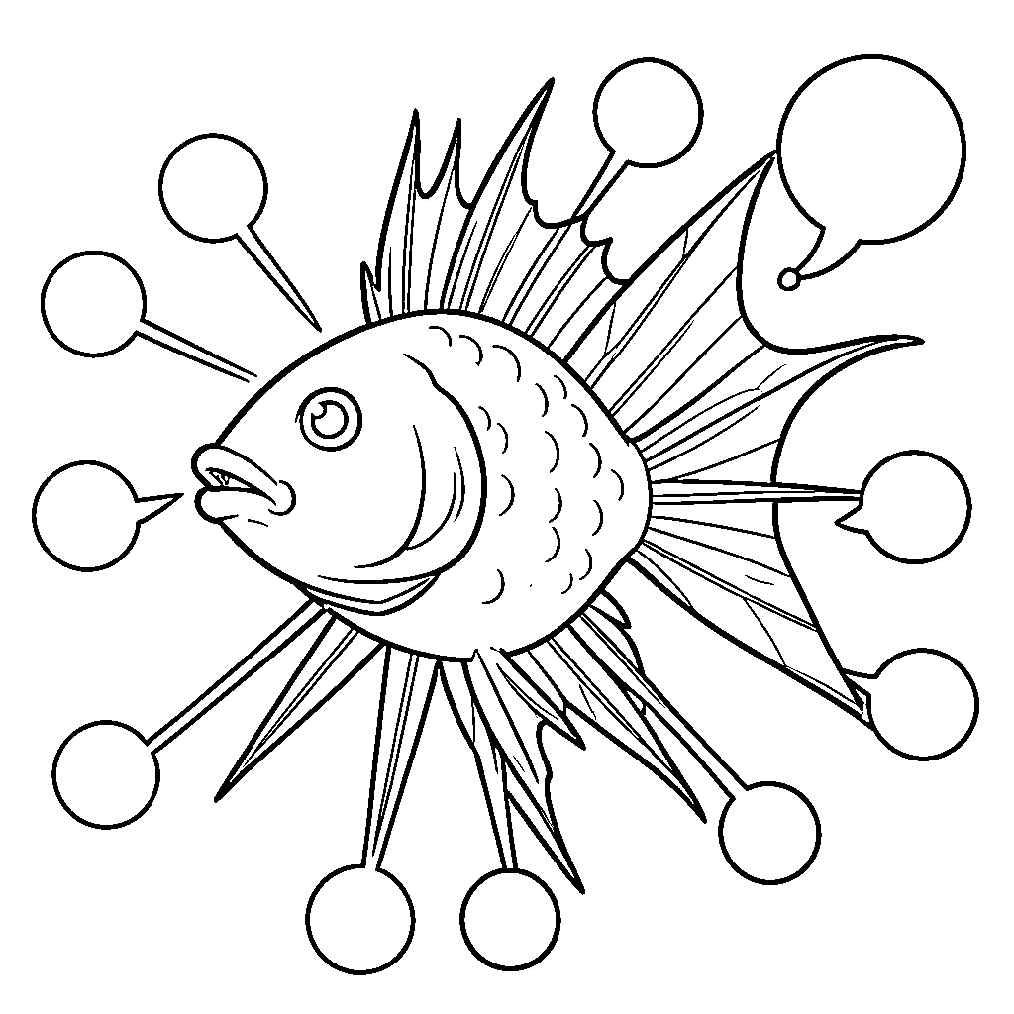 Fish with Unique Fins and Patterns Coloring Page (free black-and-white line drawing printable PDF for all, from beginners to advanced learners, including children, teens, adults, and seniors)