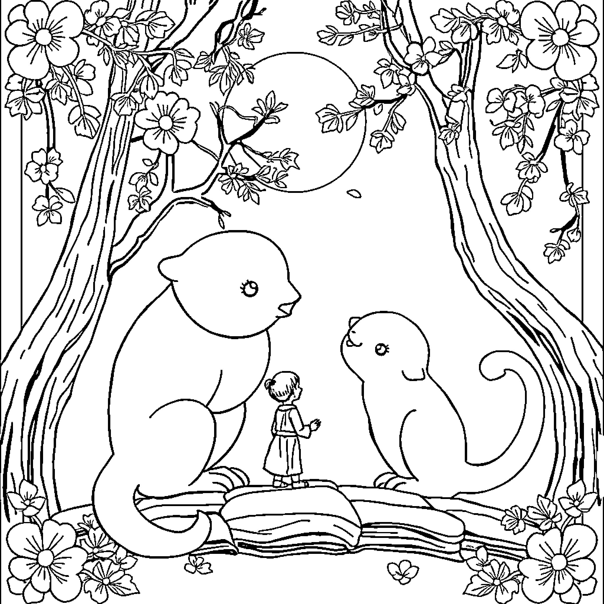 Deer in a Whimsical Floral Wonderland Coloring Page (free black-and-white line drawing printable PDF for all, from beginners to advanced learners, including children, teens, adults, and seniors)
