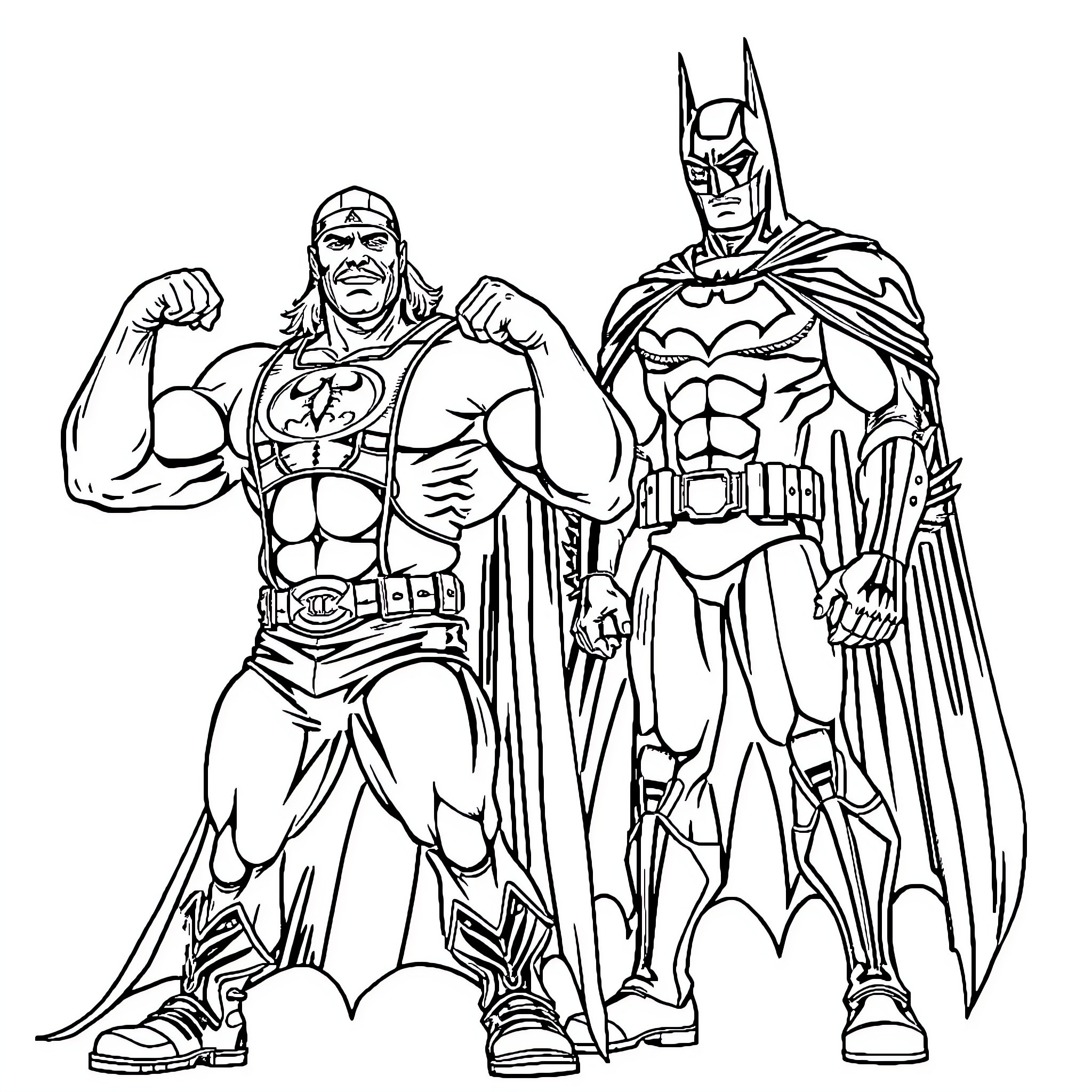 Hulk Hogan and Batman posing heroically Coloring Page (free black-and-white line drawing printable PDF for all, from beginners to advanced learners, including children, teens, adults, and seniors)