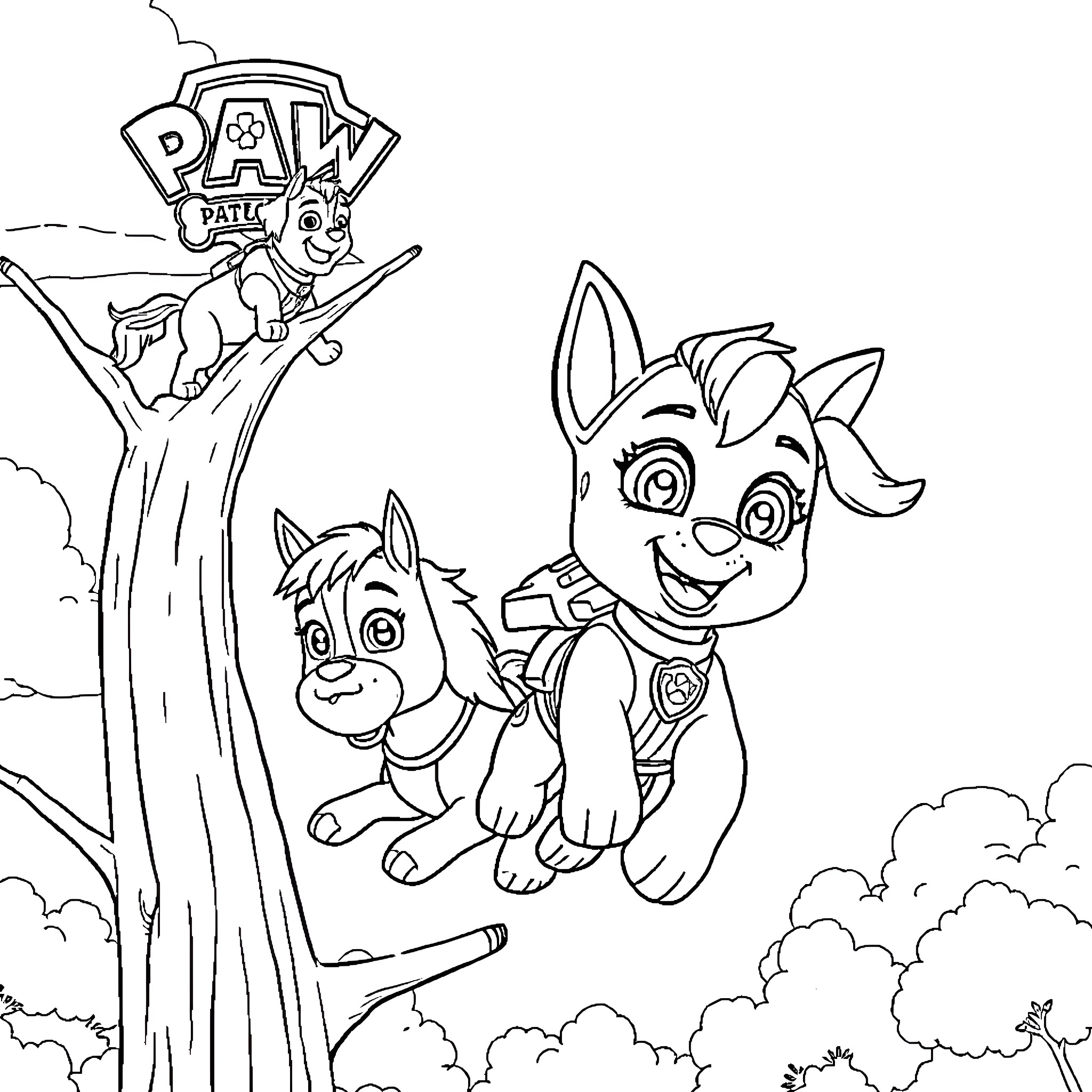 Skye and friends on patrol in the park Coloring Page (free black-and-white line drawing printable PDF for all, from beginners to advanced learners, including children, teens, adults, and seniors)