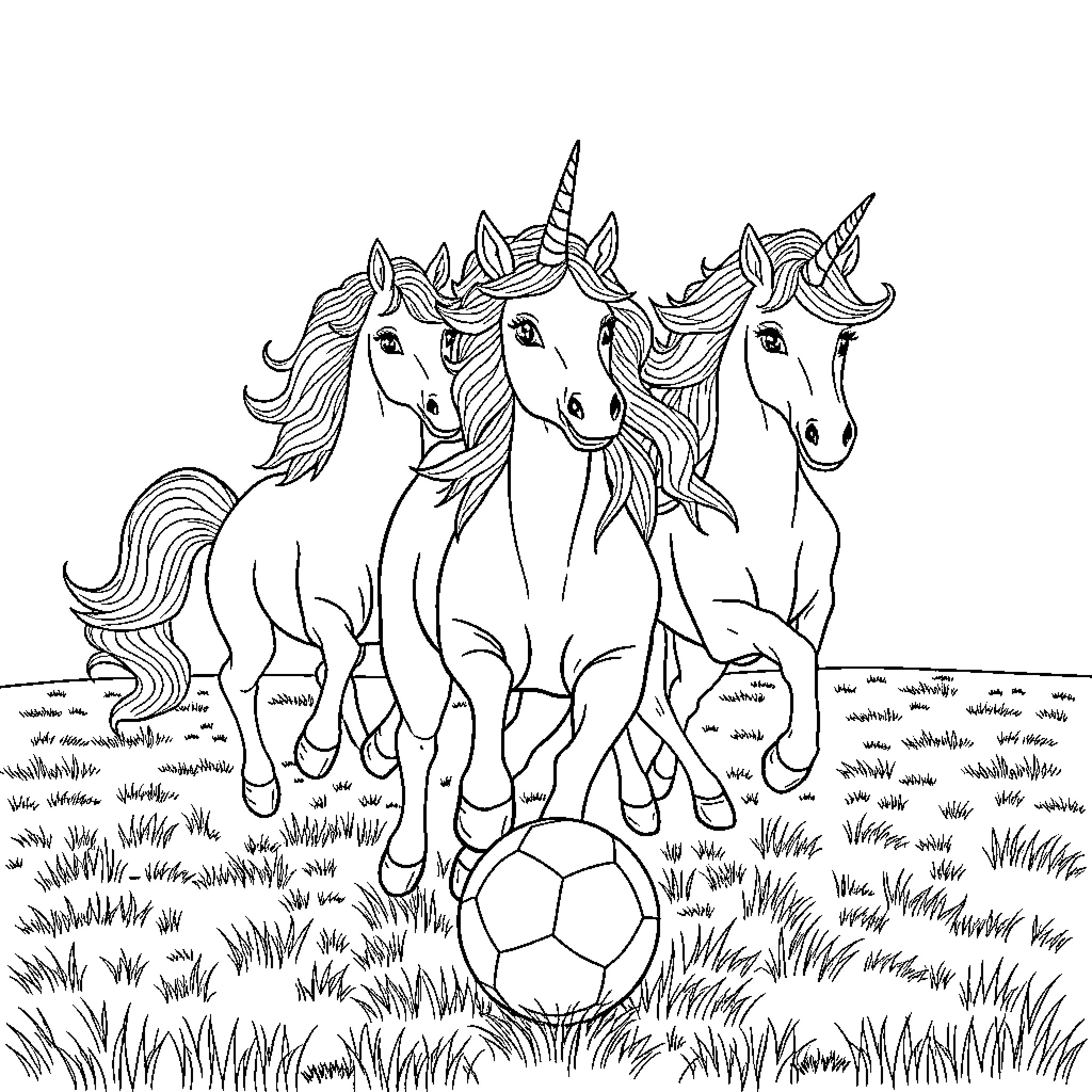 Unicorn Trio Playing with Soccer Ball in Meadow Coloring Page (free black-and-white line drawing printable PDF for all, from beginners to advanced learners, including children, teens, adults, and seniors)