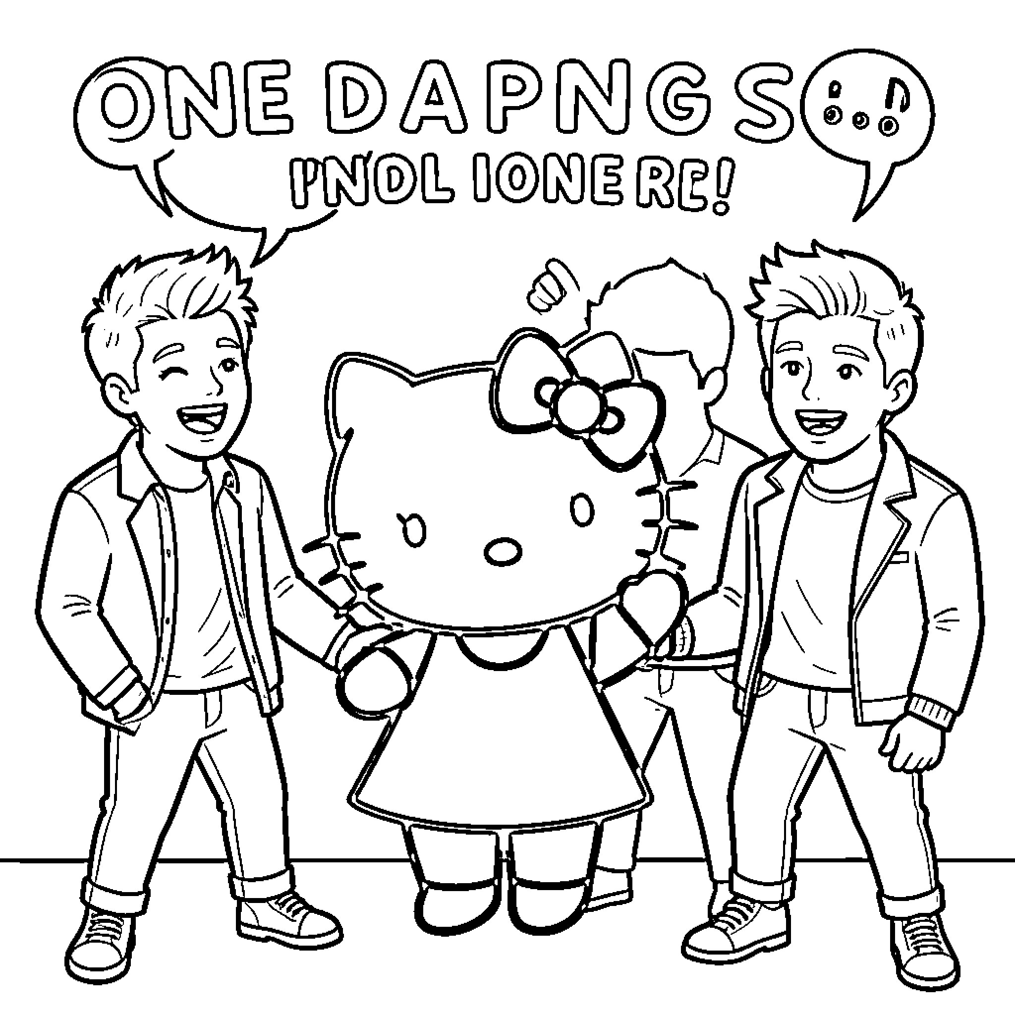 Hello Kitty posing with happy friends Coloring Page (free black-and-white line drawing printable PDF for all, from beginners to advanced learners, including children, teens, adults, and seniors)