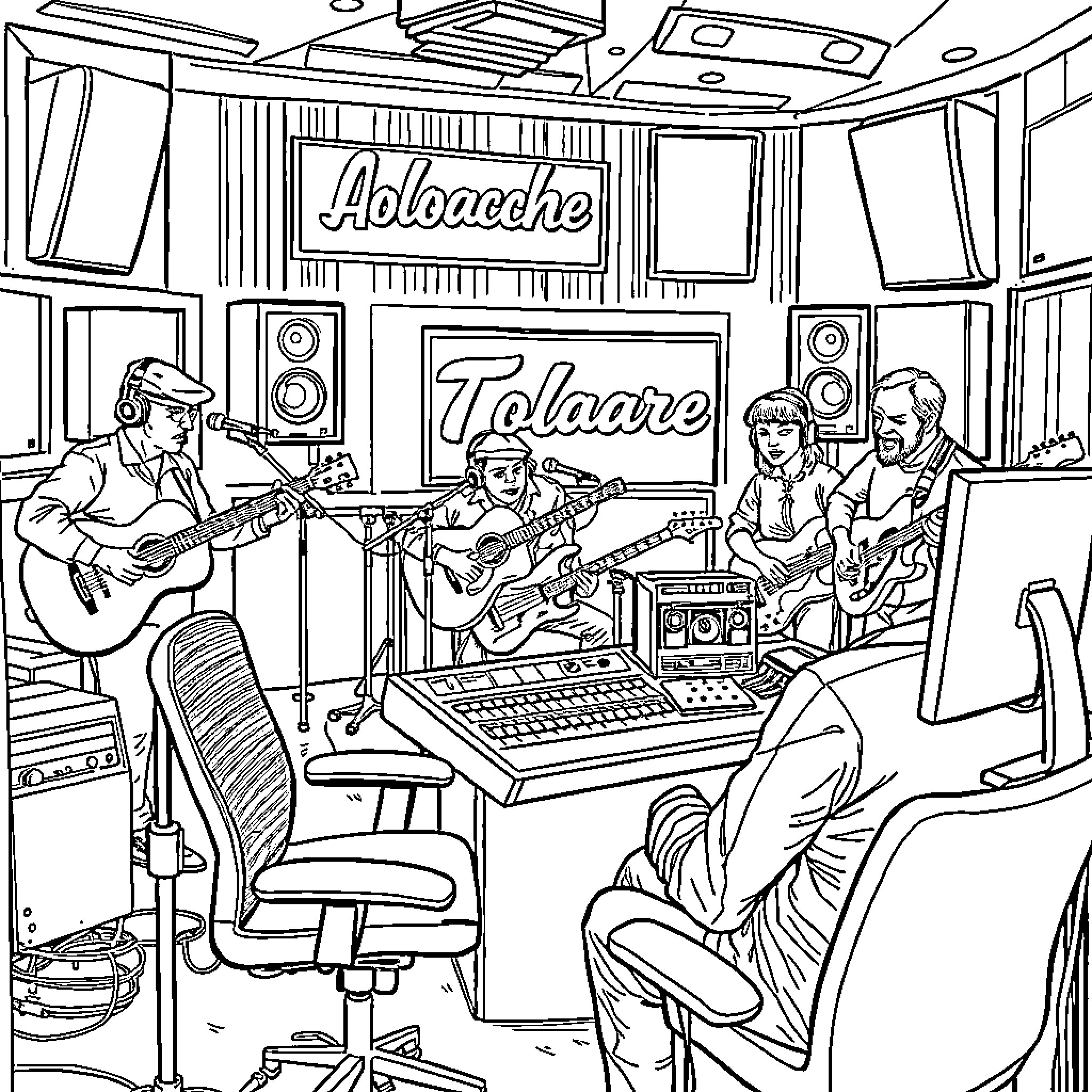 Audio Engineer Recording Musicians in Studio Coloring Page (free black-and-white line drawing printable PDF for all, from beginners to advanced learners, including children, teens, adults, and seniors)