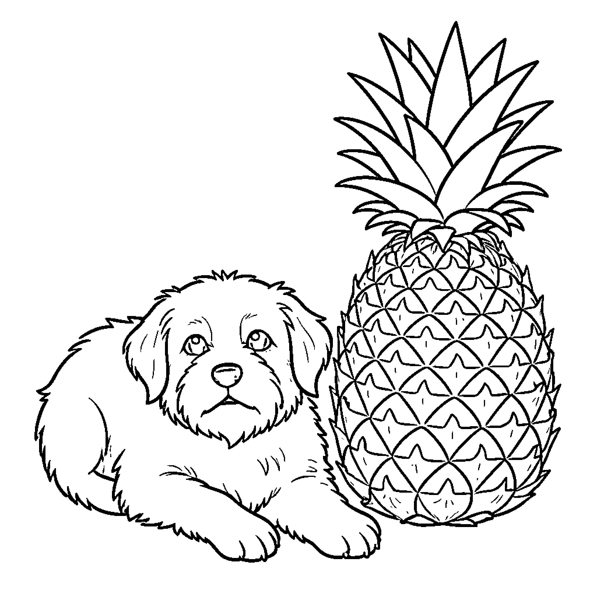 Pineapple sitting beside a fluffy puppy Coloring Page (free black-and-white line drawing printable PDF for all, from beginners to advanced learners, including children, teens, adults, and seniors)