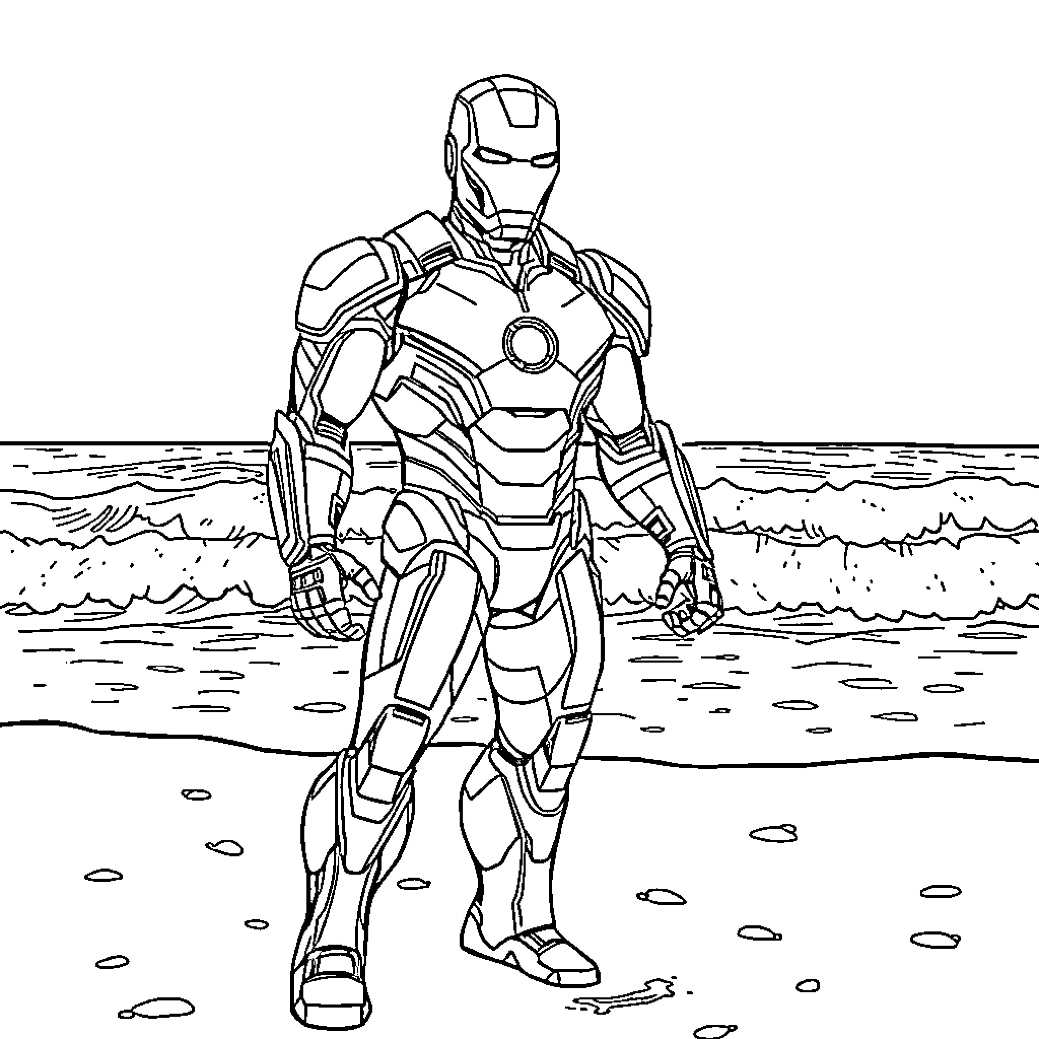 Ironman standing heroically on the beach Coloring Page (free black-and-white line drawing printable PDF for all, from beginners to advanced learners, including children, teens, adults, and seniors)