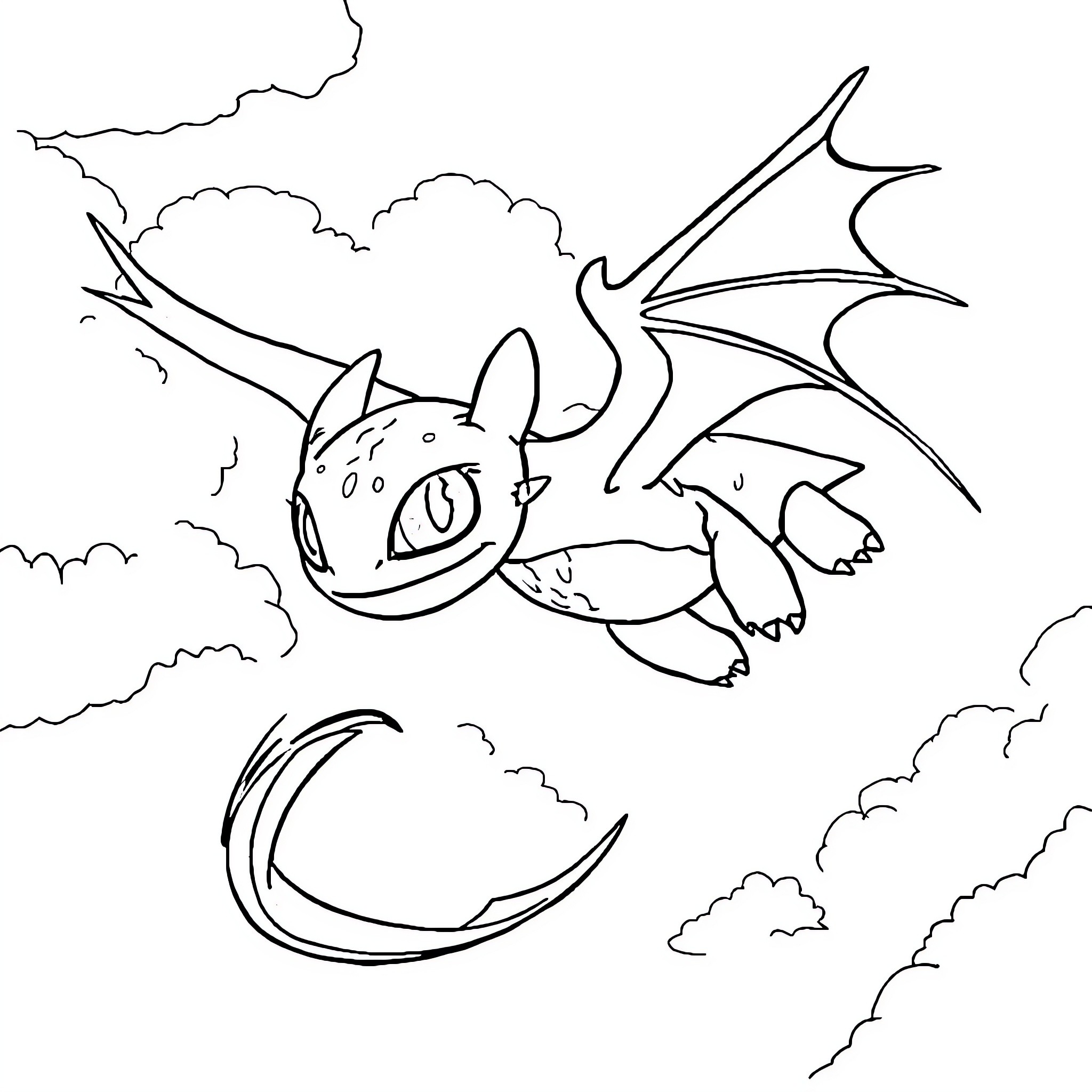 Toothless dragon soaring through cloudy skies Coloring Page (free black-and-white line drawing printable PDF for all, from beginners to advanced learners, including children, teens, adults, and seniors)