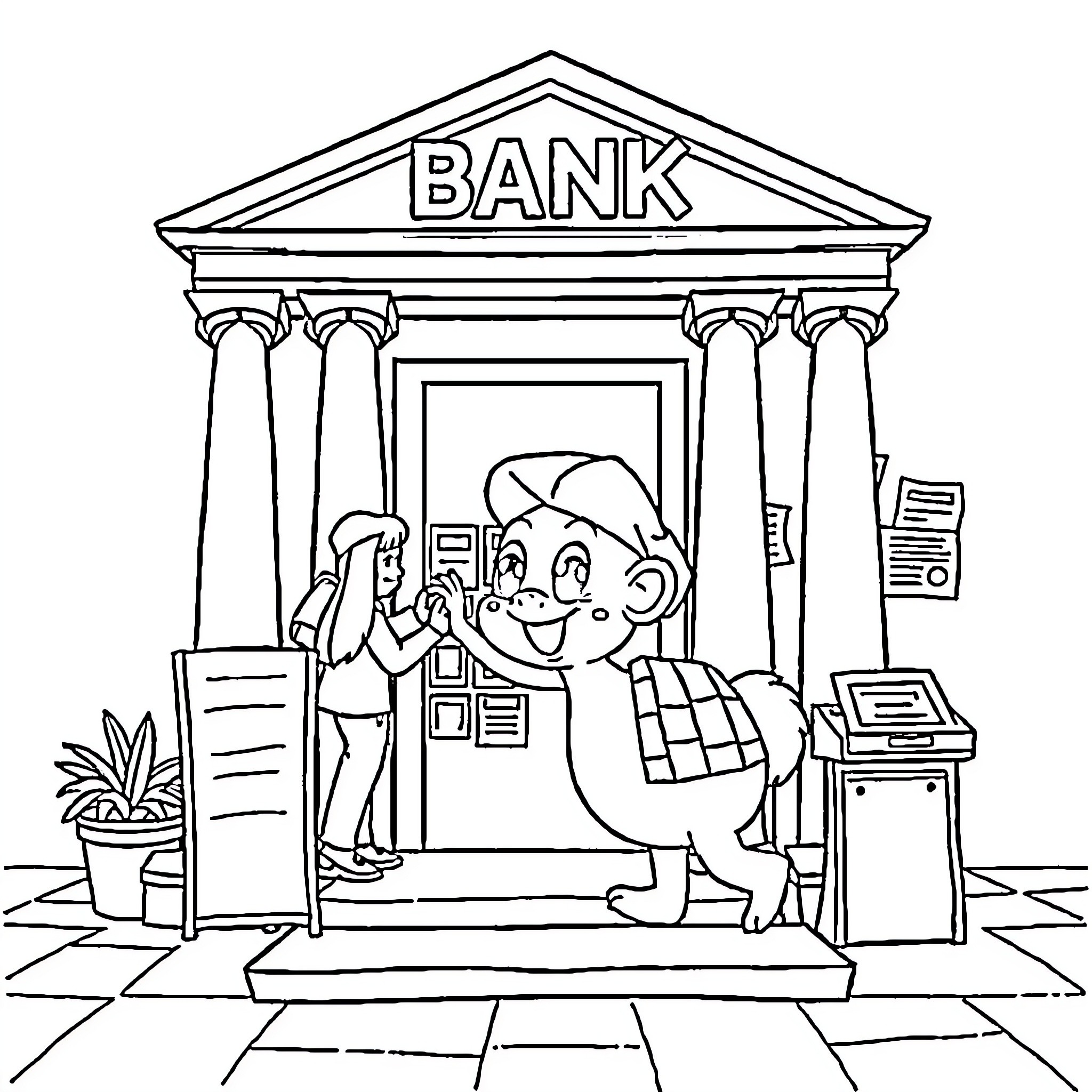 Bluey visits the Bank with his family Coloring Page (free black-and-white line drawing printable PDF for all, from beginners to advanced learners, including children, teens, adults, and seniors)
