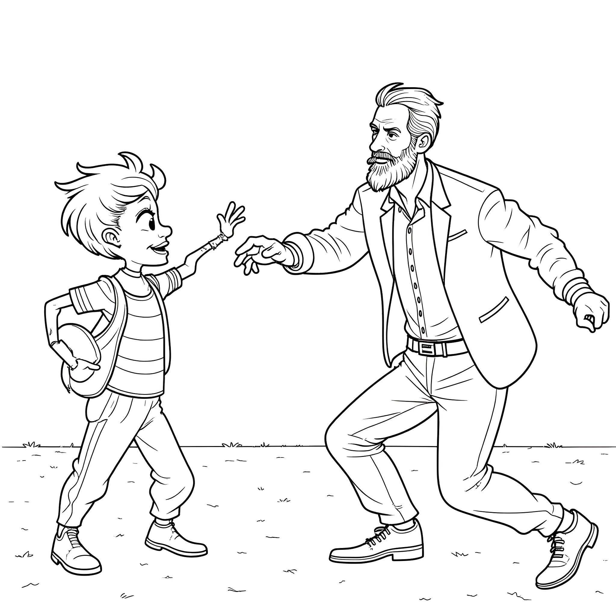 Teacher helping student in the outdoors Coloring Page (free black-and-white line drawing printable PDF for all, from beginners to advanced learners, including children, teens, adults, and seniors)