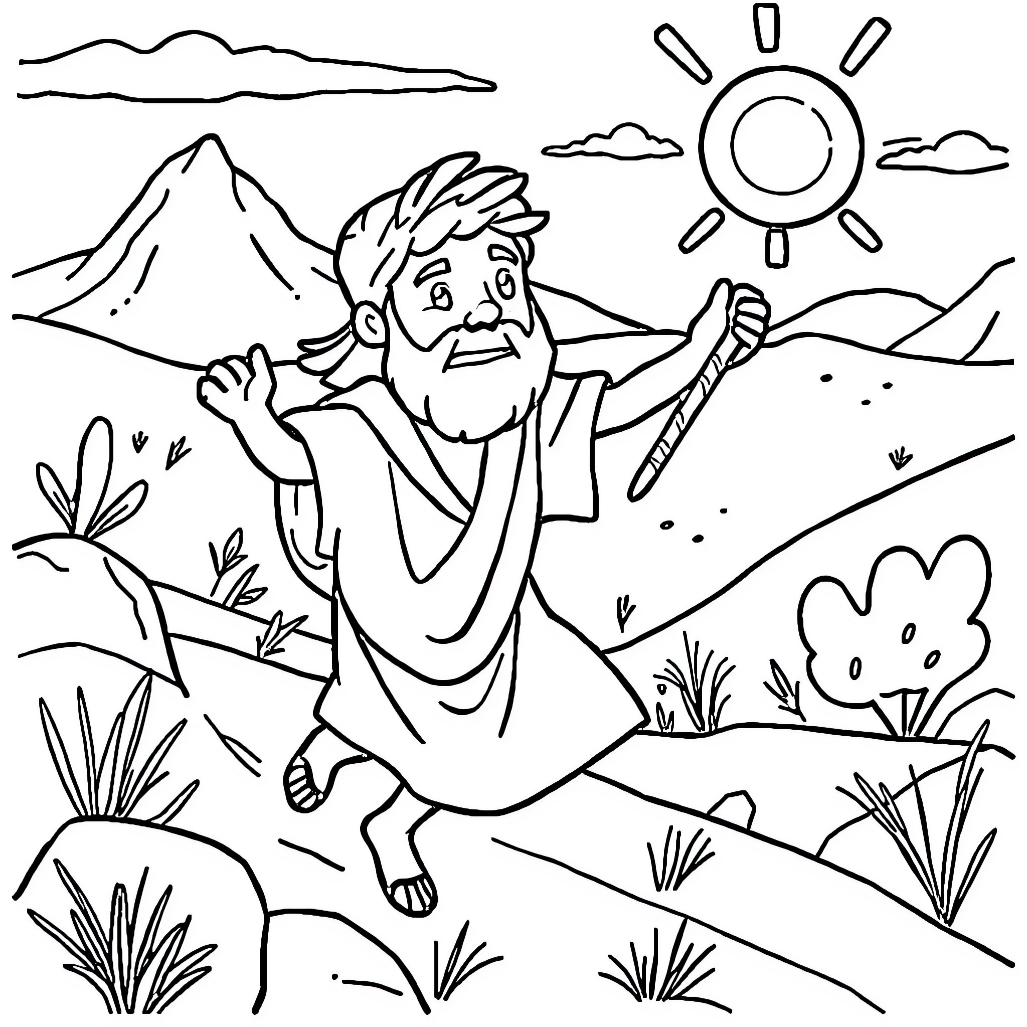 Jacob Running Joyfully in Nature Coloring Page (free black-and-white line drawing printable PDF for all, from beginners to advanced learners, including children, teens, adults, and seniors)