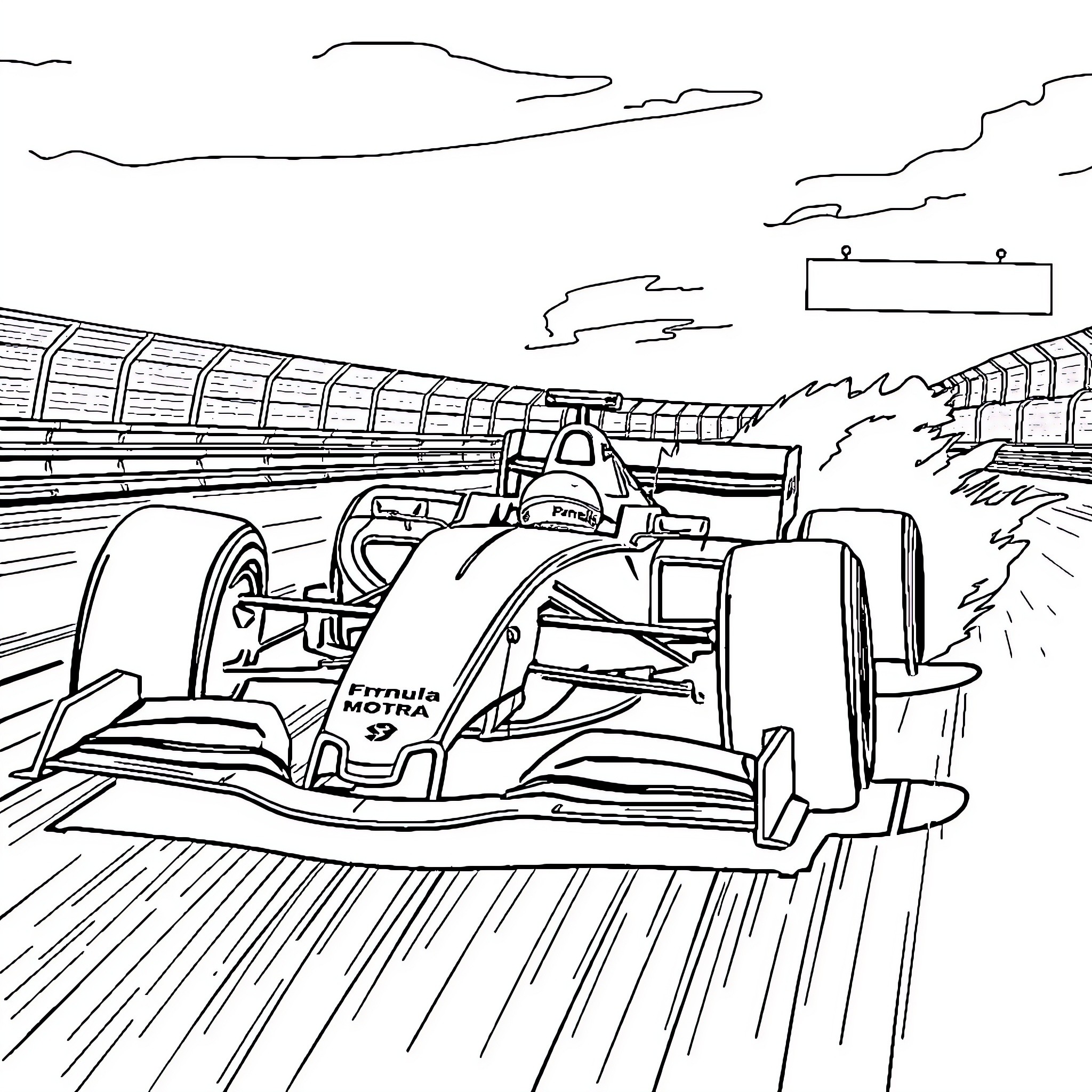 Formula 1 Car racing on the track Coloring Page (free black-and-white line drawing printable PDF for all, from beginners to advanced learners, including children, teens, adults, and seniors)