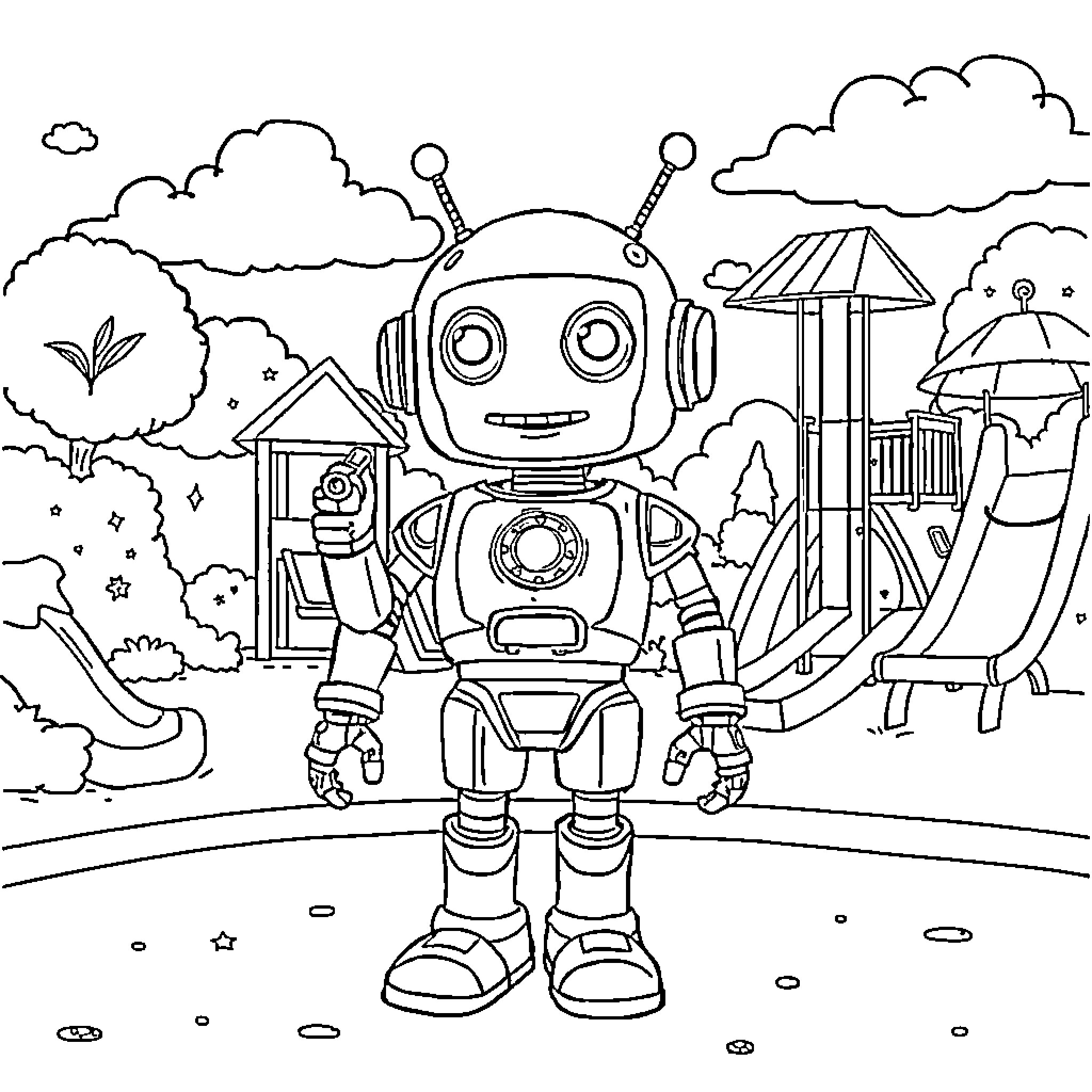 Robot exploring the fantastical playground Coloring Page (free black-and-white line drawing printable PDF for all, from beginners to advanced learners, including children, teens, adults, and seniors)