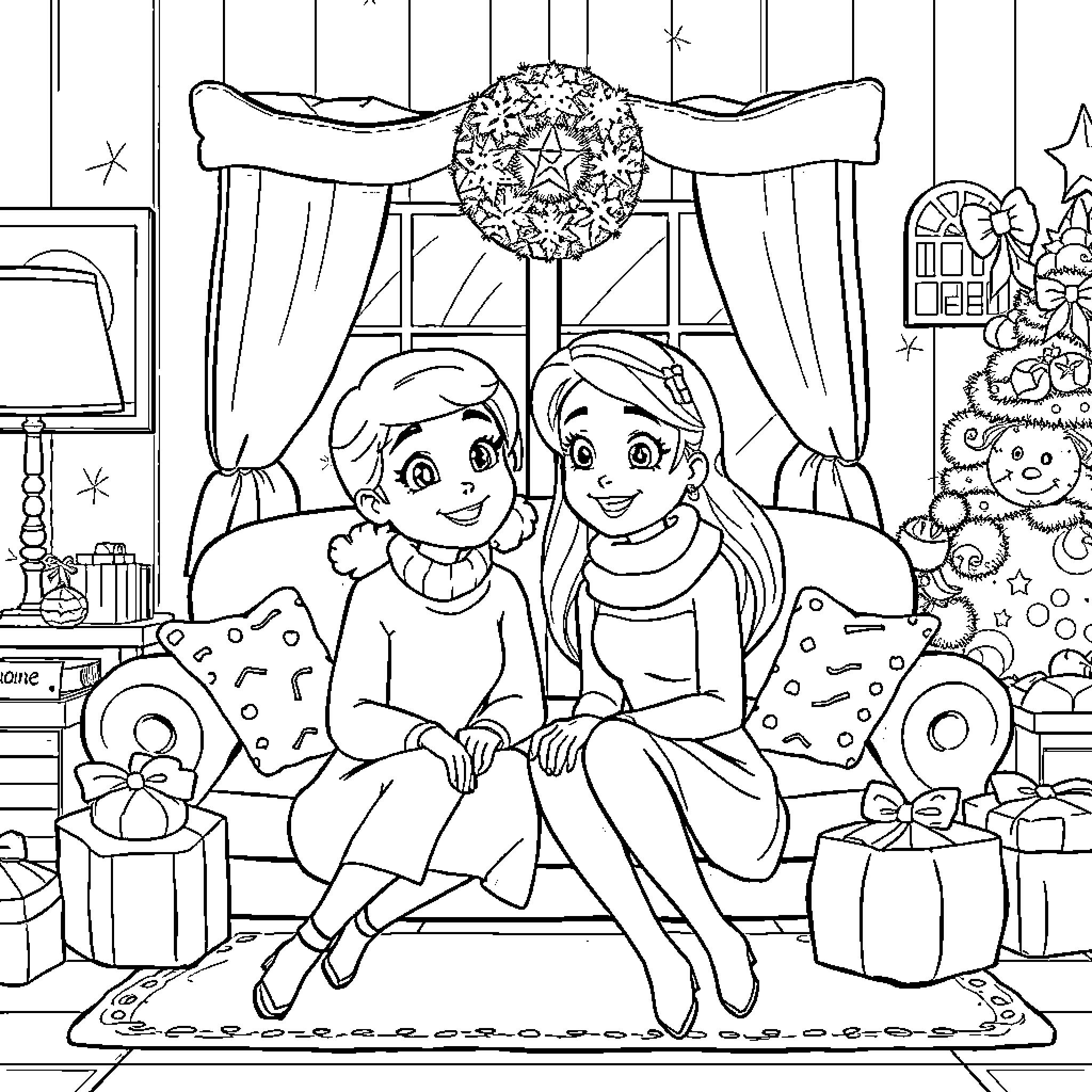 Sisters sharing a cozy holiday moment Coloring Page (free black-and-white line drawing printable PDF for all, from beginners to advanced learners, including children, teens, adults, and seniors)