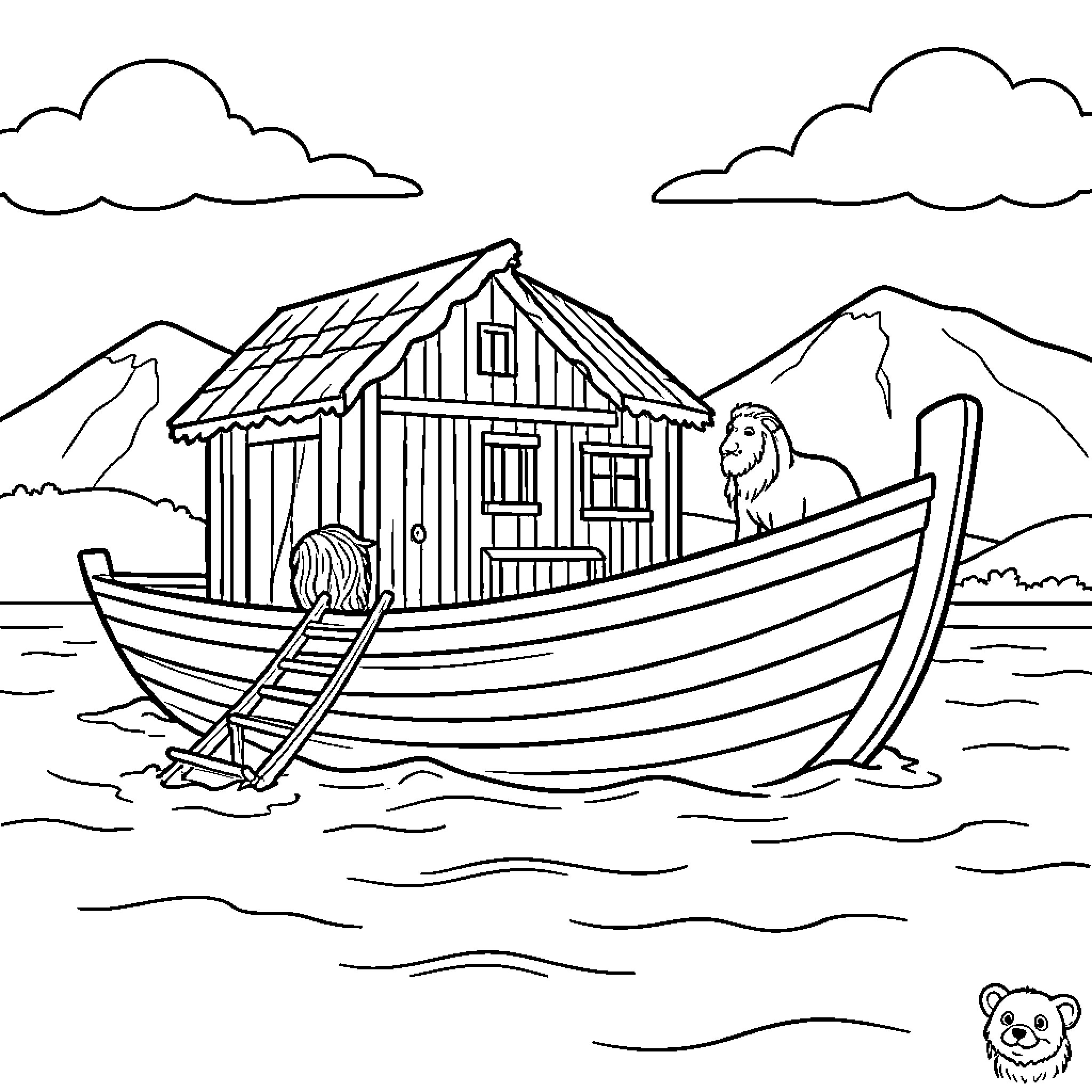 Noah's Ark floating on waves with animals Coloring Page (free black-and-white line drawing printable PDF for all, from beginners to advanced learners, including children, teens, adults, and seniors)