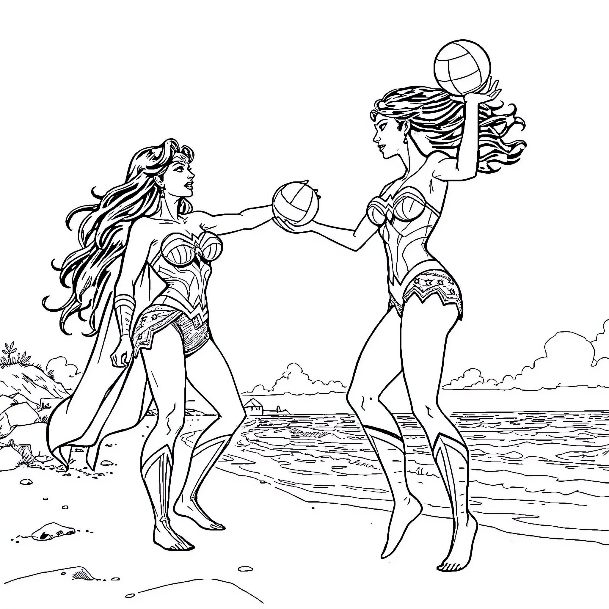Wonder Woman heroines playing volleyball by the beach Coloring Page (free black-and-white line drawing printable PDF for all, from beginners to advanced learners, including children, teens, adults, and seniors)