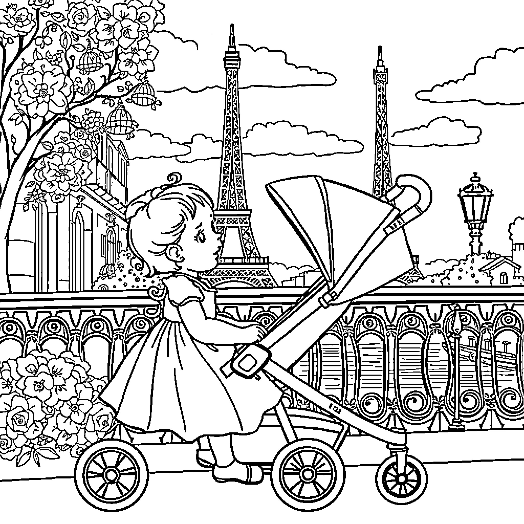 Baby Girl Exploring Paris with Stroller Coloring Page (free black-and-white line drawing printable PDF for all, from beginners to advanced learners, including children, teens, adults, and seniors)