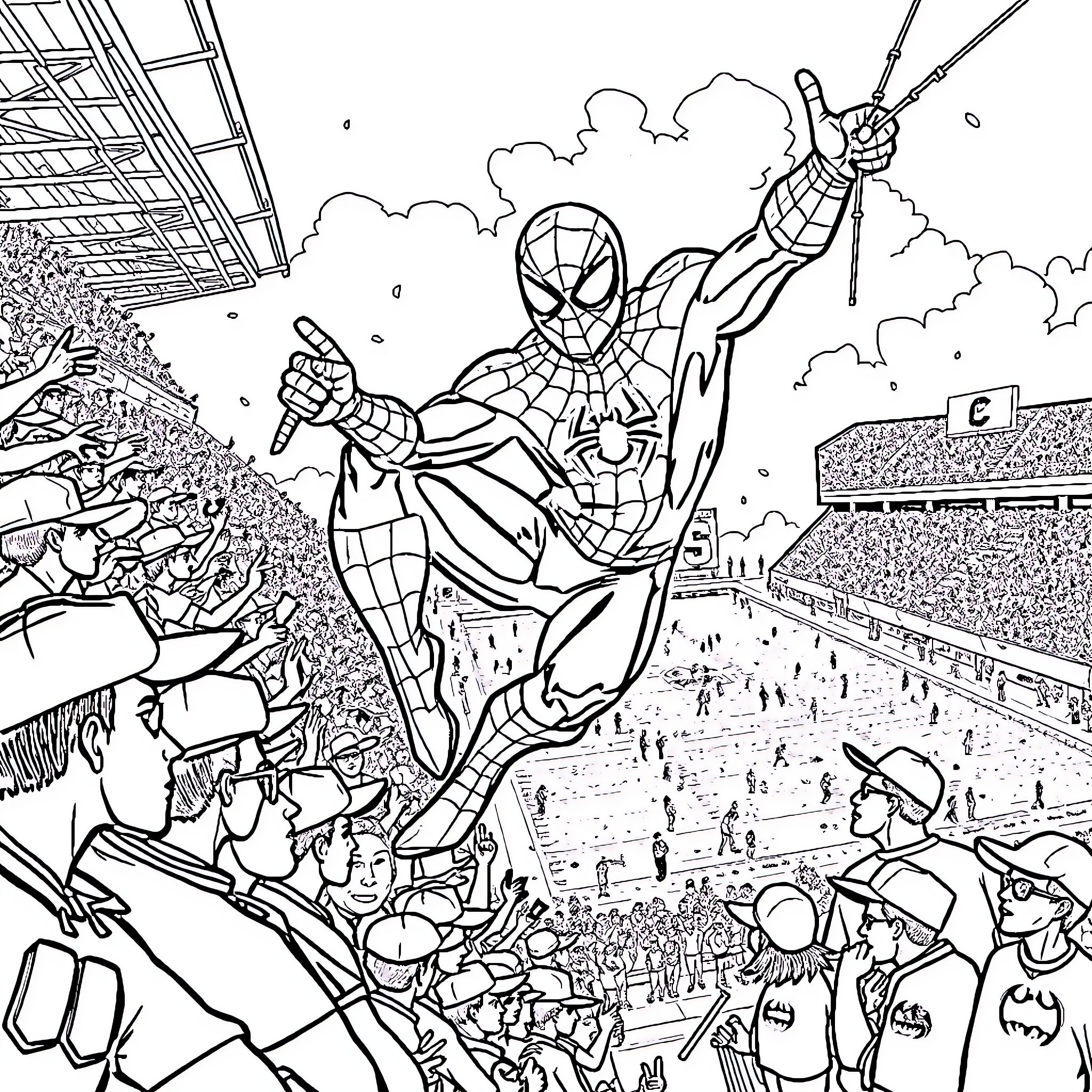 Spider-Man Swinging Into Action in a Stadium Coloring Page (free black-and-white line drawing printable PDF for all, from beginners to advanced learners, including children, teens, adults, and seniors)