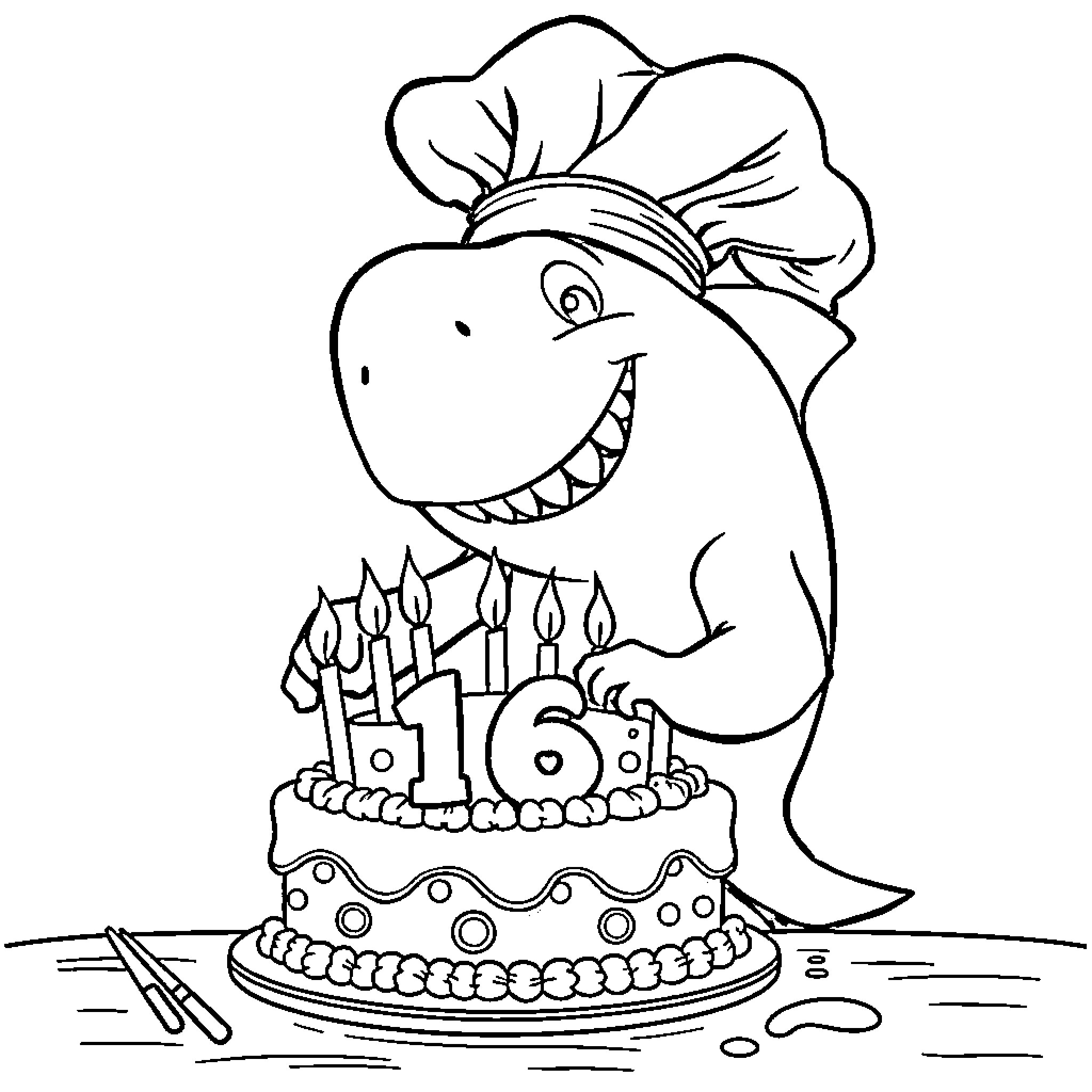 Shark chef baking a birthday cake Coloring Page (free black-and-white line drawing printable PDF for all, from beginners to advanced learners, including children, teens, adults, and seniors)