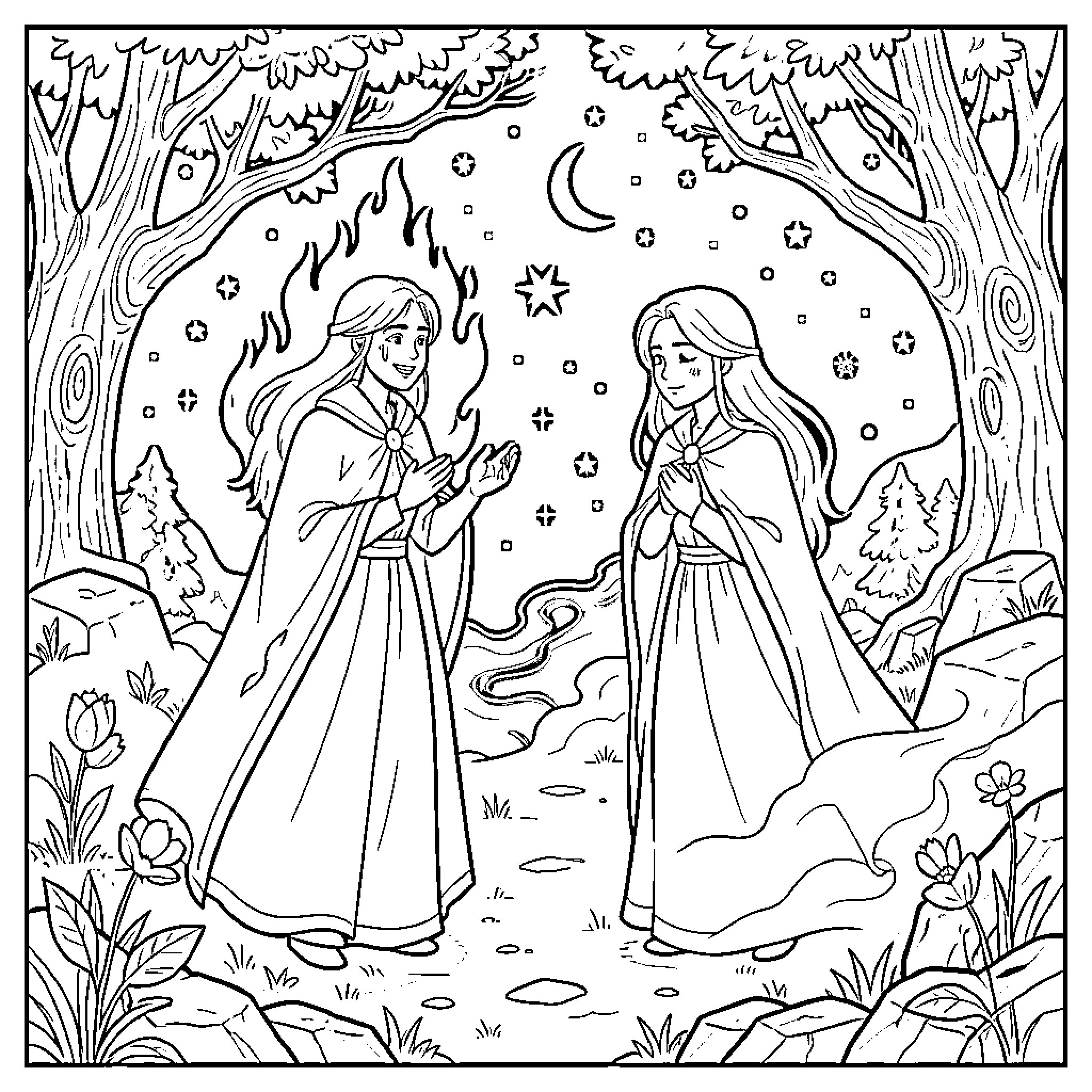Soul Sisters in Enchanted Forest Coloring Page (free black-and-white line drawing printable PDF for all, from beginners to advanced learners, including children, teens, adults, and seniors)