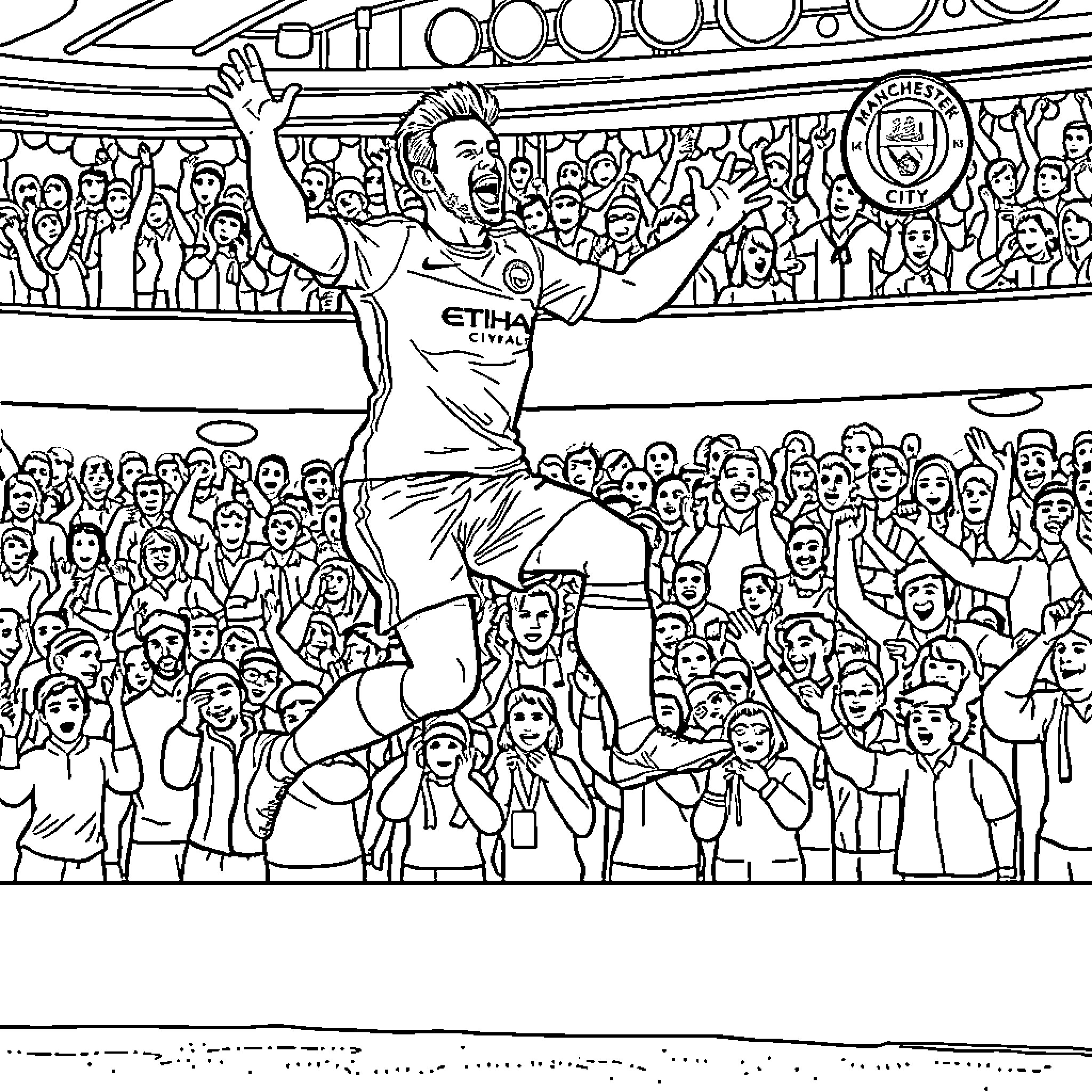 Erling Haaland celebrates with the crowd after a match Coloring Page (free black-and-white line drawing printable PDF for all, from beginners to advanced learners, including children, teens, adults, and seniors)