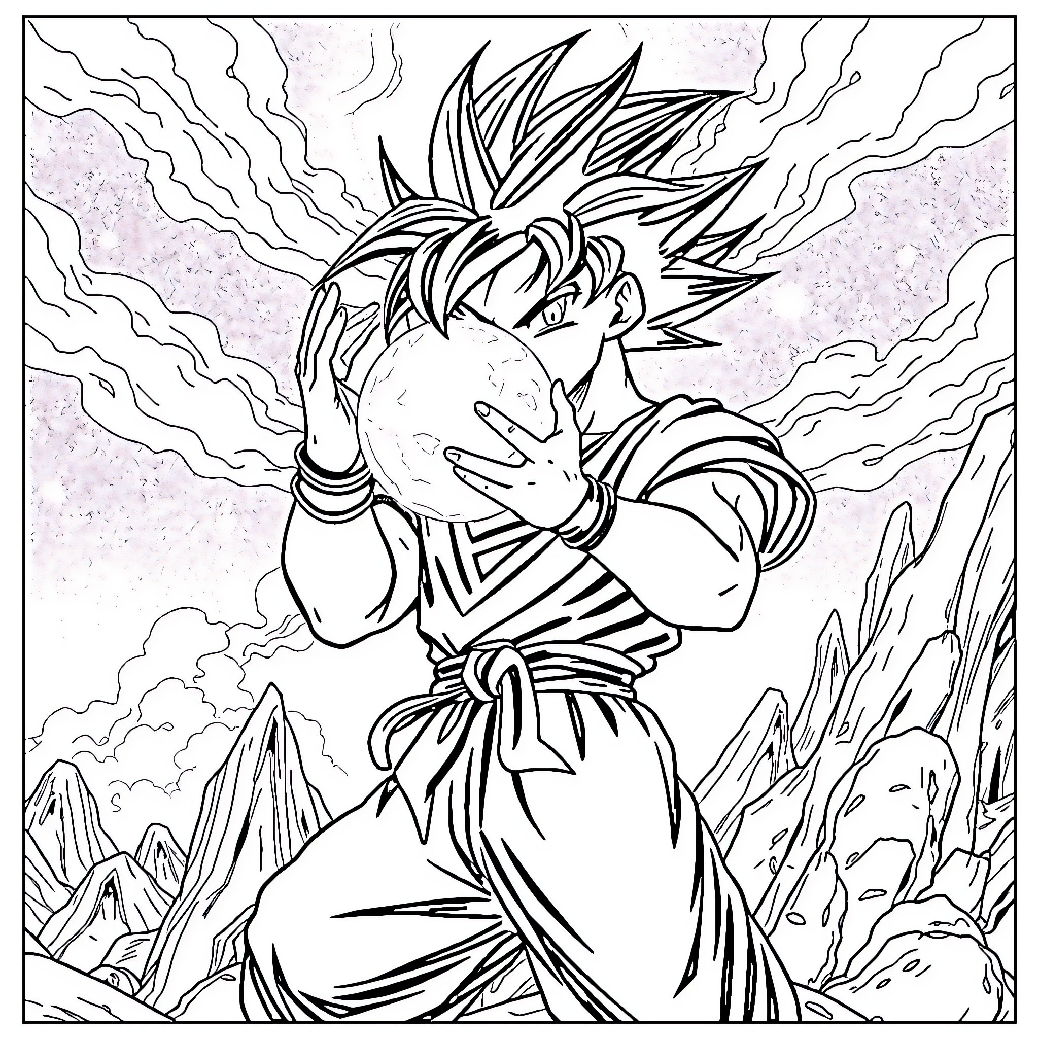 Son Goku in a fierce battle pose Coloring Page (free black-and-white line drawing printable PDF for all, from beginners to advanced learners, including children, teens, adults, and seniors)
