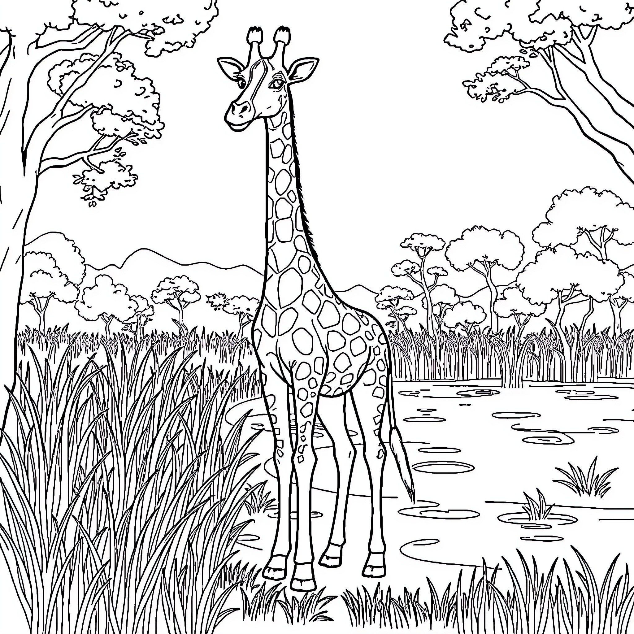 Giraffe standing calmly in a serene natural landscape Coloring Page (free black-and-white line drawing printable PDF for all, from beginners to advanced learners, including children, teens, adults, and seniors)