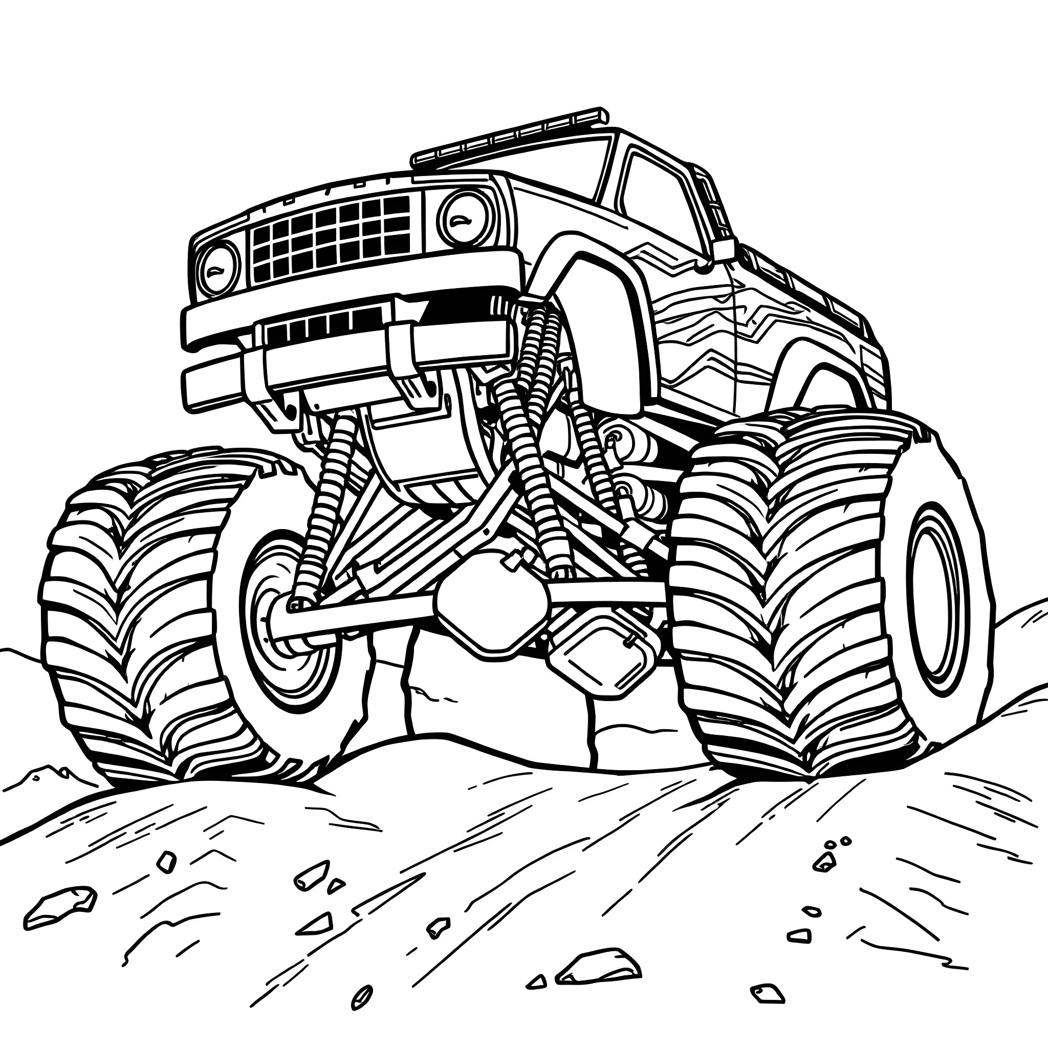 Monster Truck crushing the terrain Coloring Page (free black-and-white line drawing printable PDF for all, from beginners to advanced learners, including children, teens, adults, and seniors)