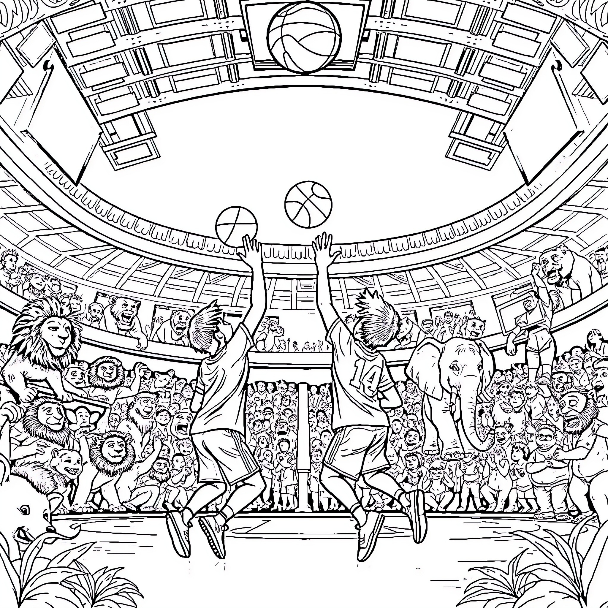 Boy playing basketball in an arena with crowd Coloring Page (free black-and-white line drawing printable PDF for all, from beginners to advanced learners, including children, teens, adults, and seniors)