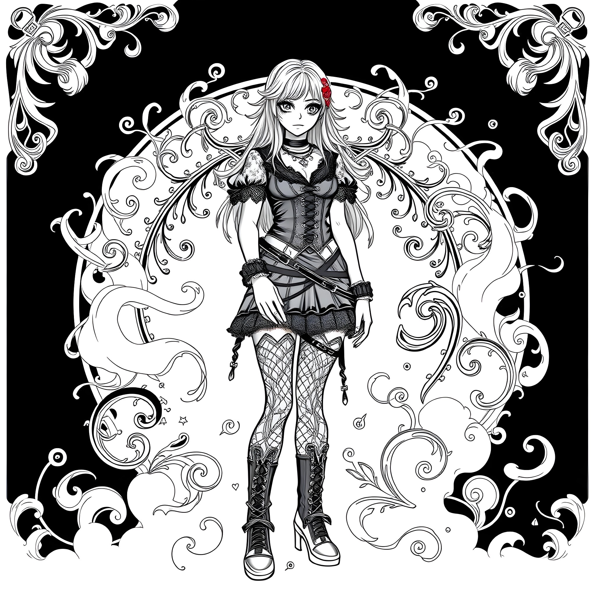 Goth Girl in Intricate Gothic Illustration Coloring Page (free black-and-white line drawing printable PDF for all, from beginners to advanced learners, including children, teens, adults, and seniors)