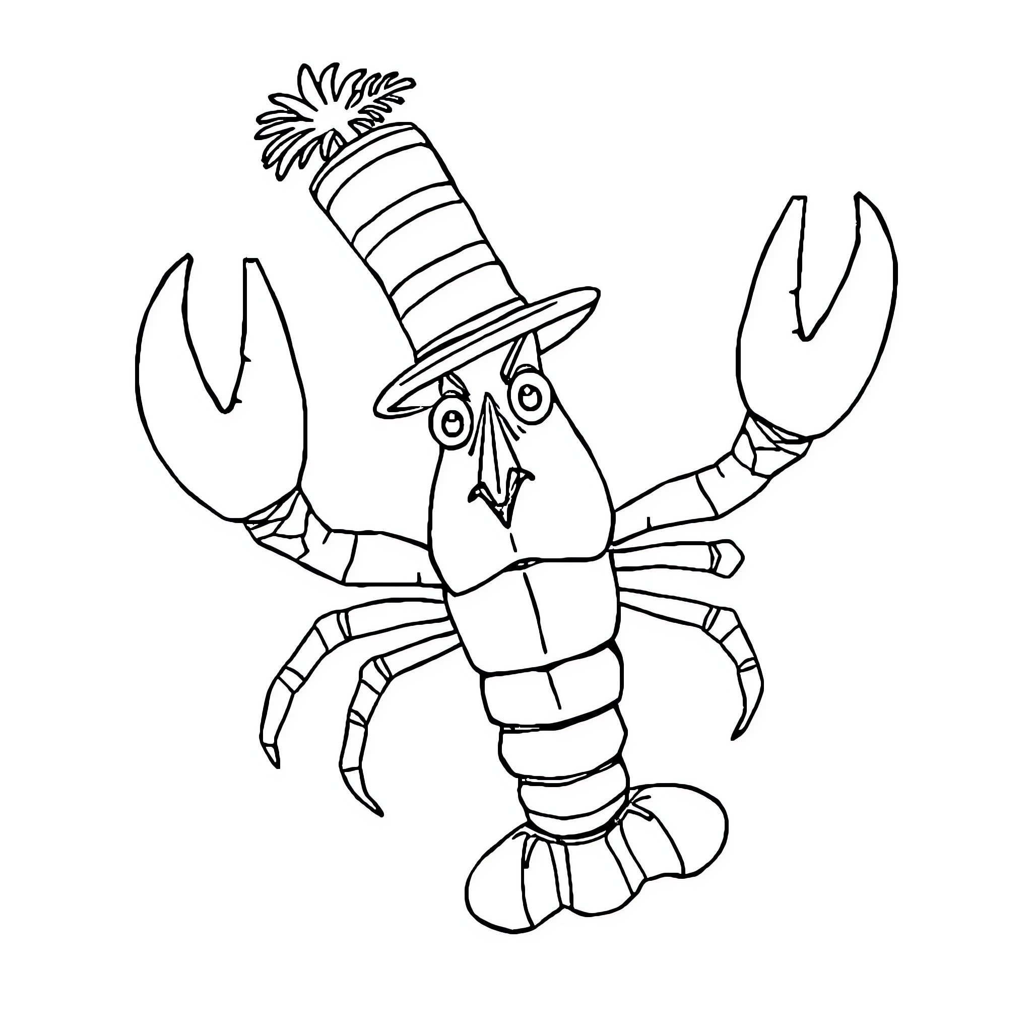 Lobster Wearing a Whimsical Hat Coloring Page (free black-and-white line drawing printable PDF for all, from beginners to advanced learners, including children, teens, adults, and seniors)