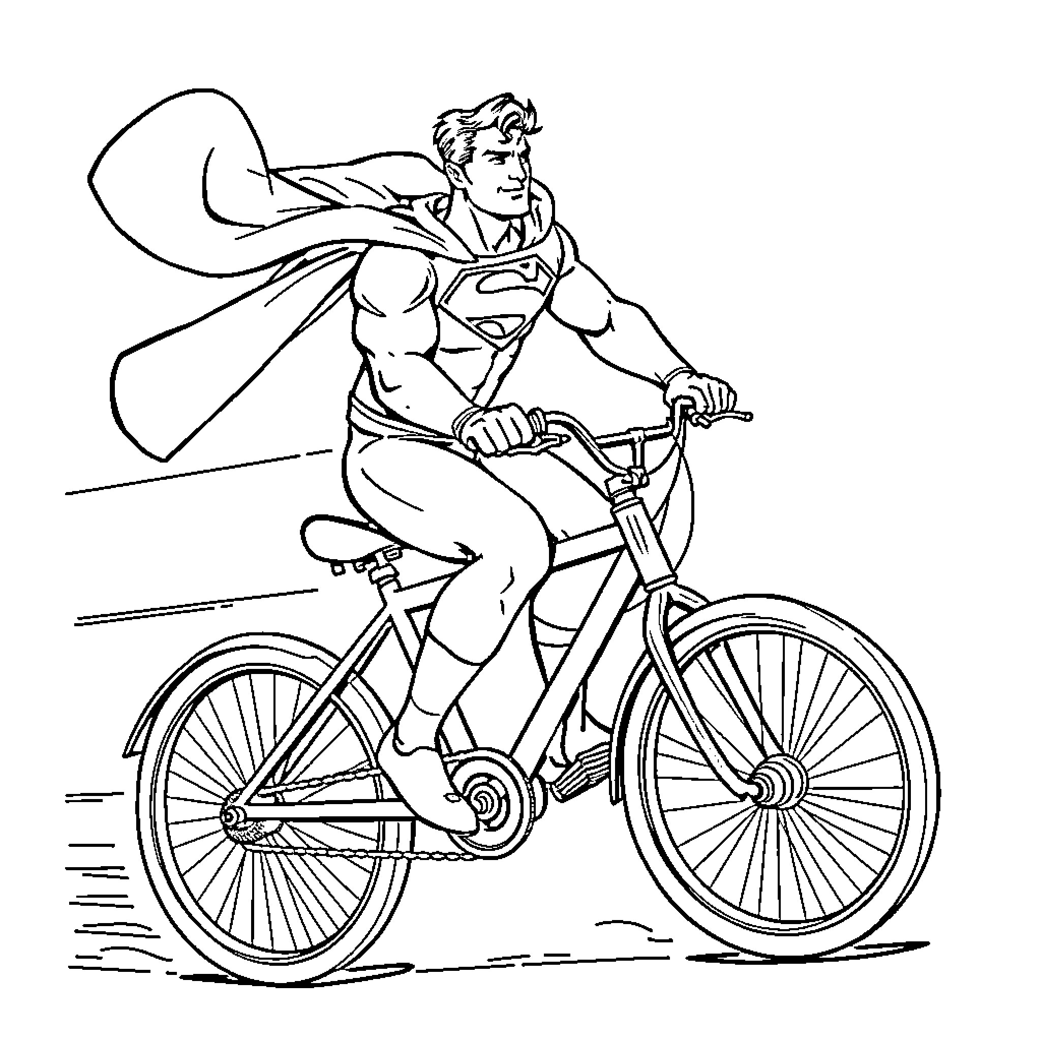 Superman biking through the city Coloring Page (free black-and-white line drawing printable PDF for all, from beginners to advanced learners, including children, teens, adults, and seniors)