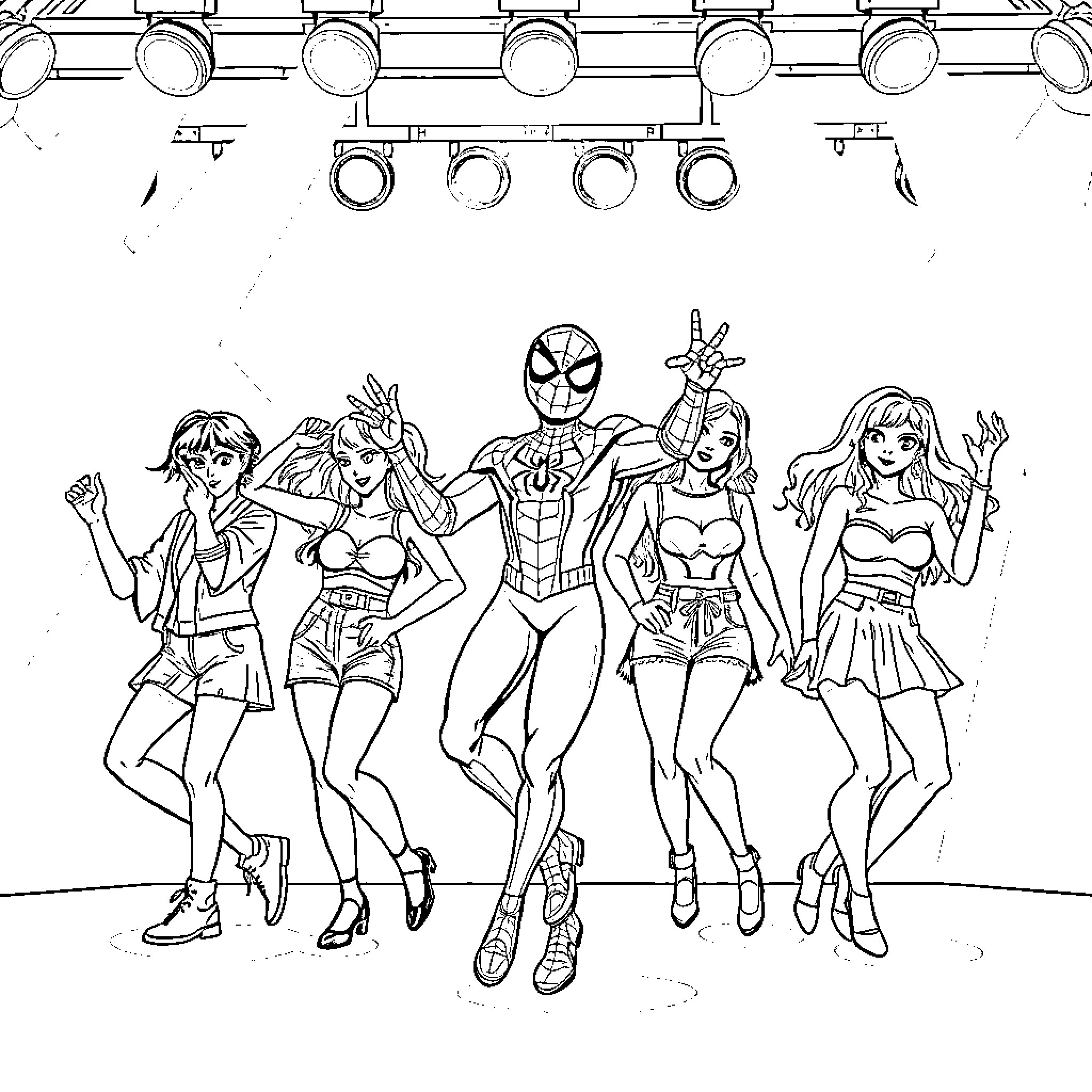Spiderman and his superhero allies on stage Coloring Page (free black-and-white line drawing printable PDF for all, from beginners to advanced learners, including children, teens, adults, and seniors)