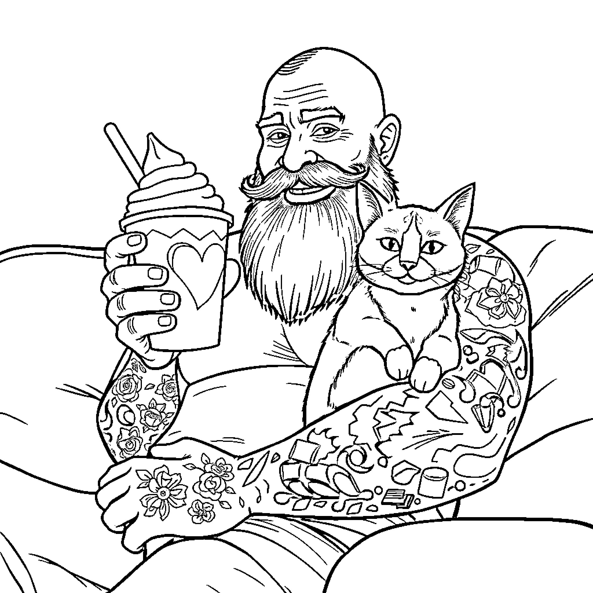 Man with tattoos and pet cat enjoying a drink Coloring Page (free black-and-white line drawing printable PDF for all, from beginners to advanced learners, including children, teens, adults, and seniors)