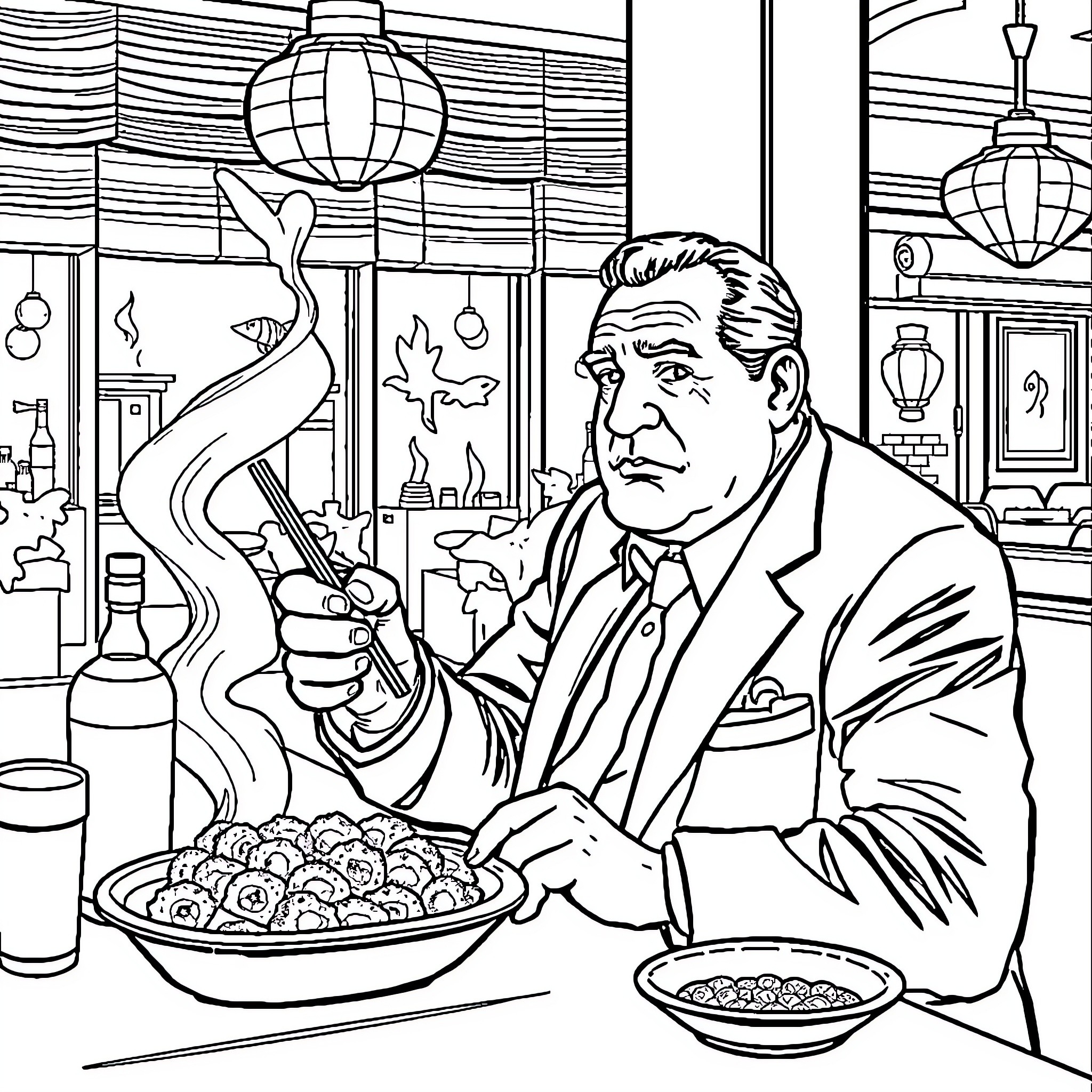 Tony Soprano in a Mob Boss Dining Scene Coloring Page (free black-and-white line drawing printable PDF for all, from beginners to advanced learners, including children, teens, adults, and seniors)