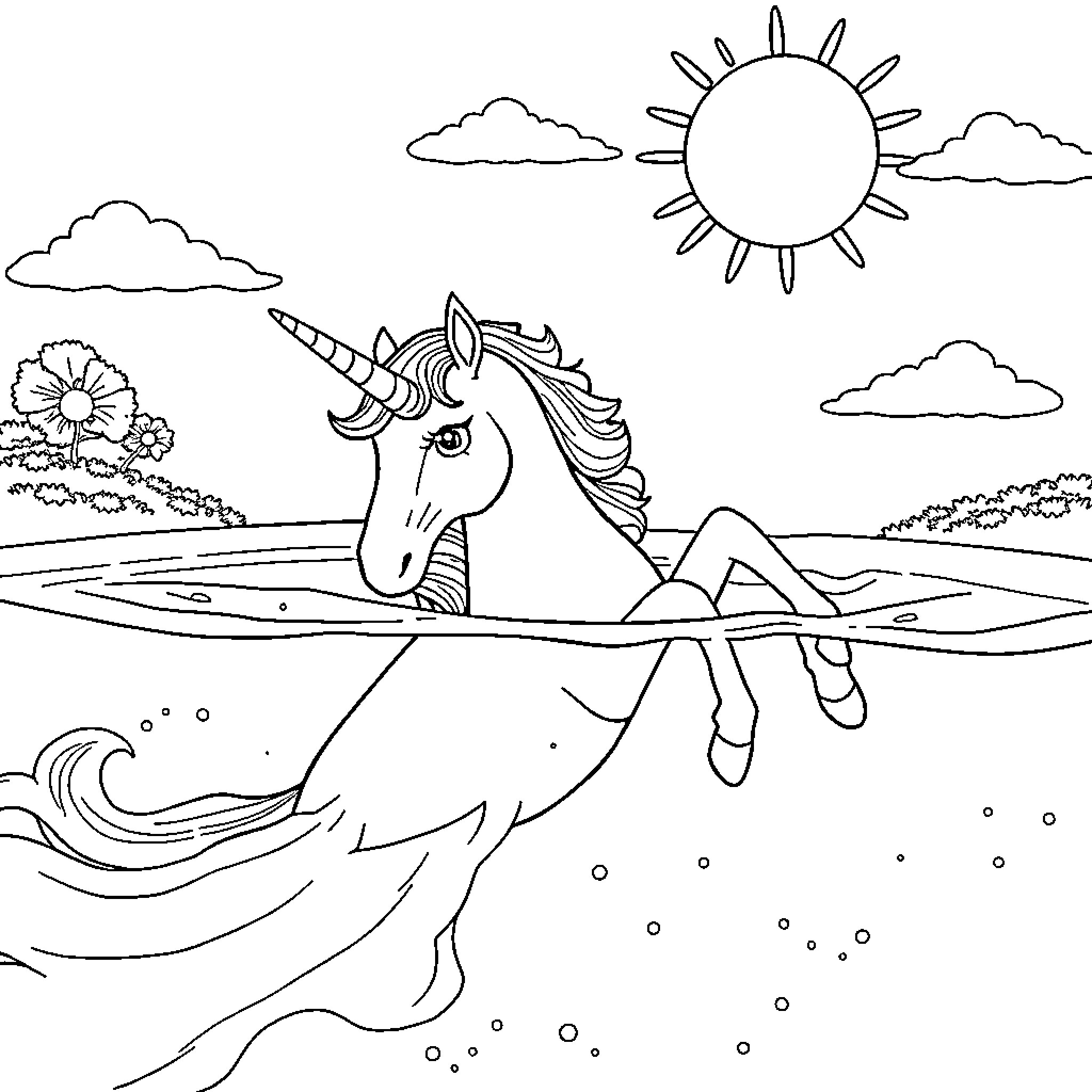 Unicorn resting in a serene landscape Coloring Page (free black-and-white line drawing printable PDF for all, from beginners to advanced learners, including children, teens, adults, and seniors)
