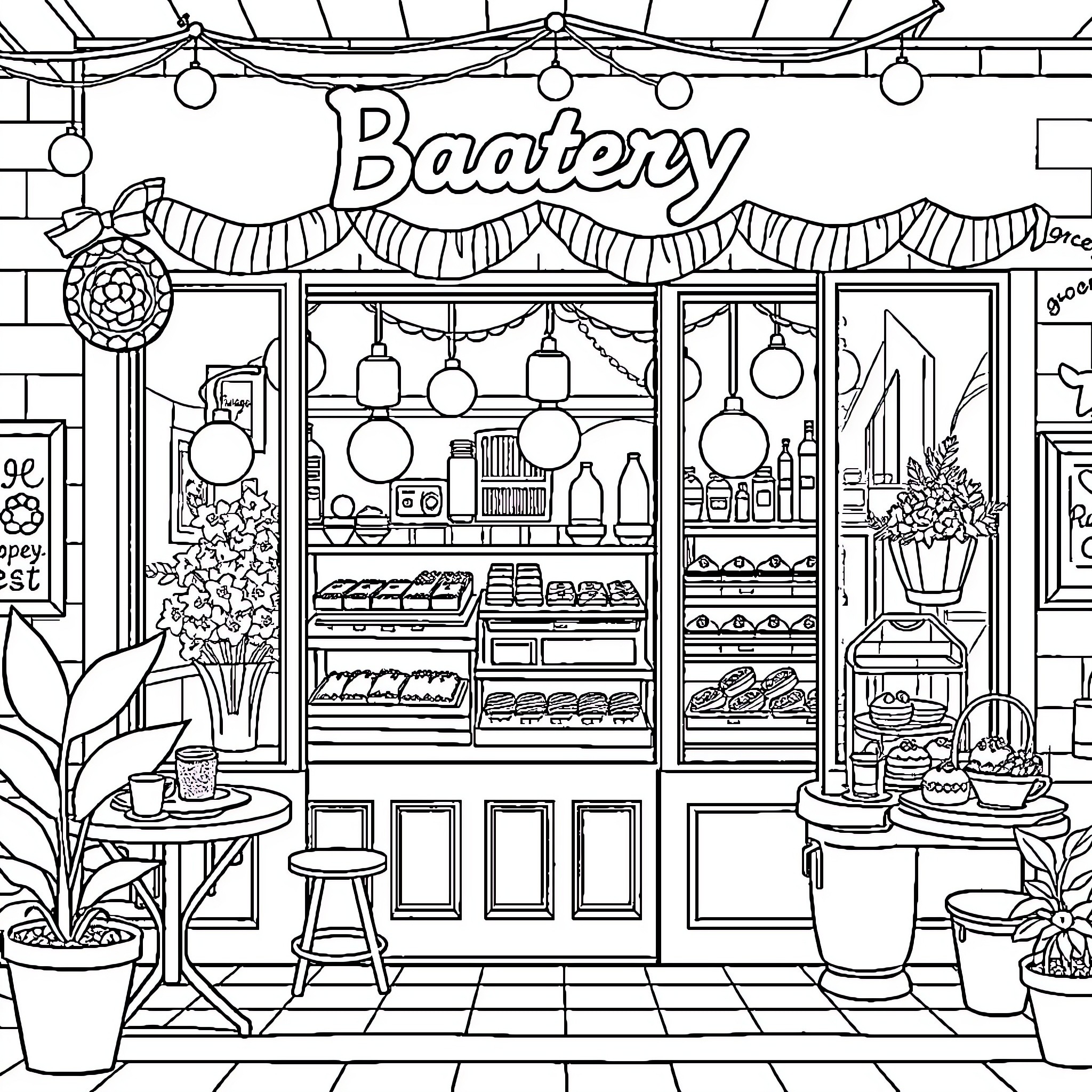 Bakery storefront with various baked goods and decor Coloring Page (free black-and-white line drawing printable PDF for all, from beginners to advanced learners, including children, teens, adults, and seniors)