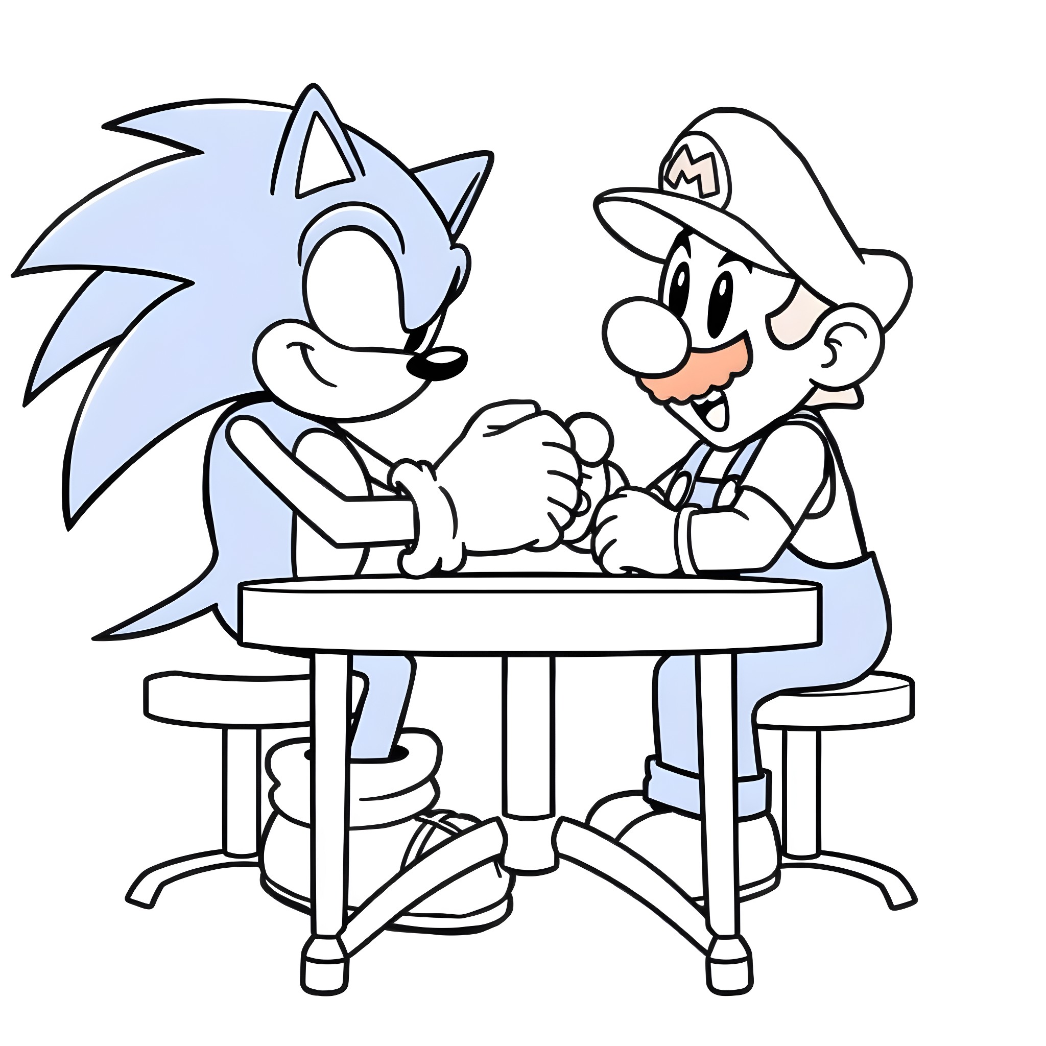 Sonic and Mario engaging in friendly handshake Coloring Page (free black-and-white line drawing printable PDF for all, from beginners to advanced learners, including children, teens, adults, and seniors)