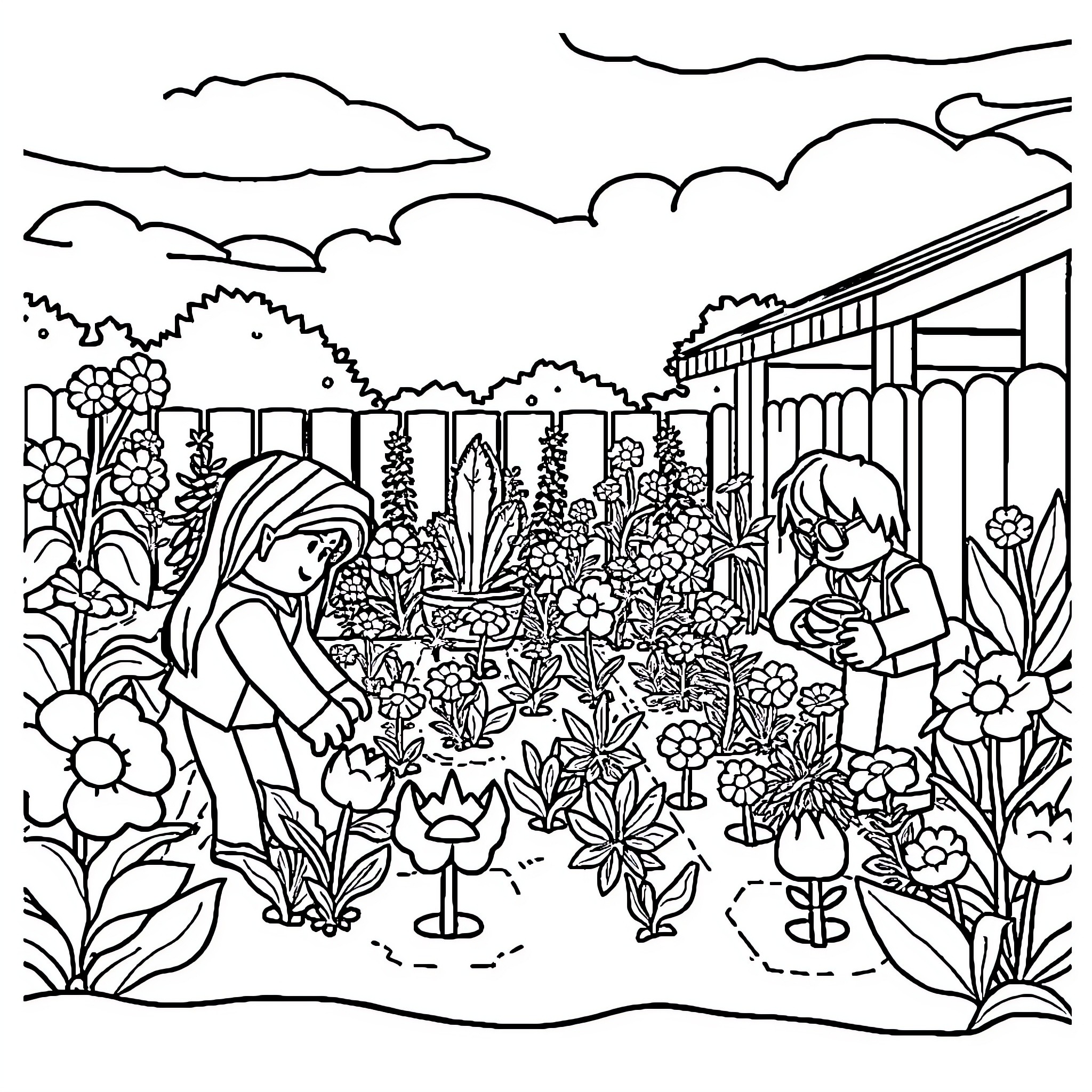 Garden filled with people and flowers Coloring Page (free black-and-white line drawing printable PDF for all, from beginners to advanced learners, including children, teens, adults, and seniors)